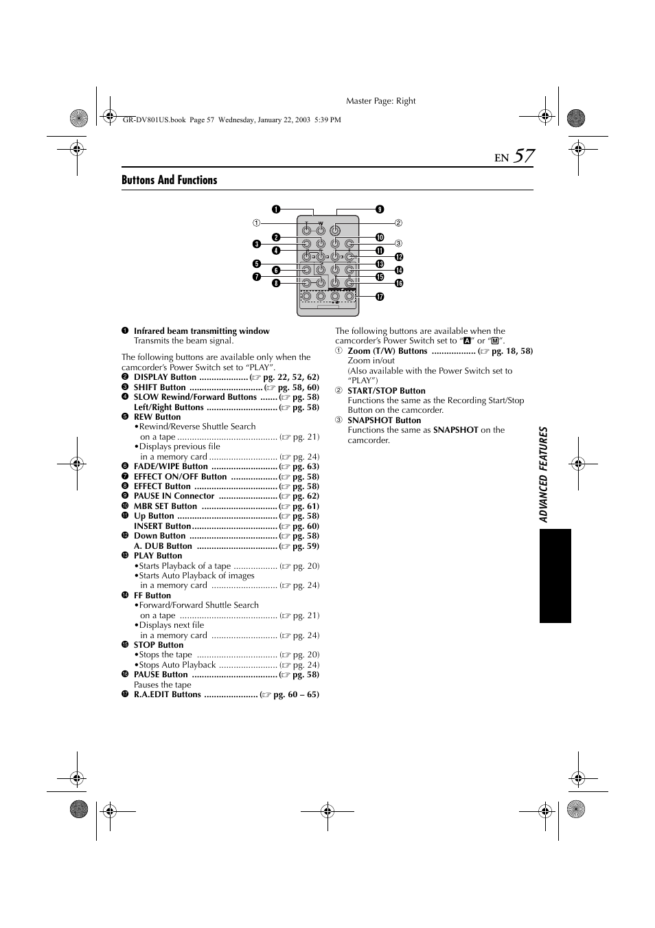 Buttons and functions | JVC GR-DV801 User Manual | Page 57 / 88