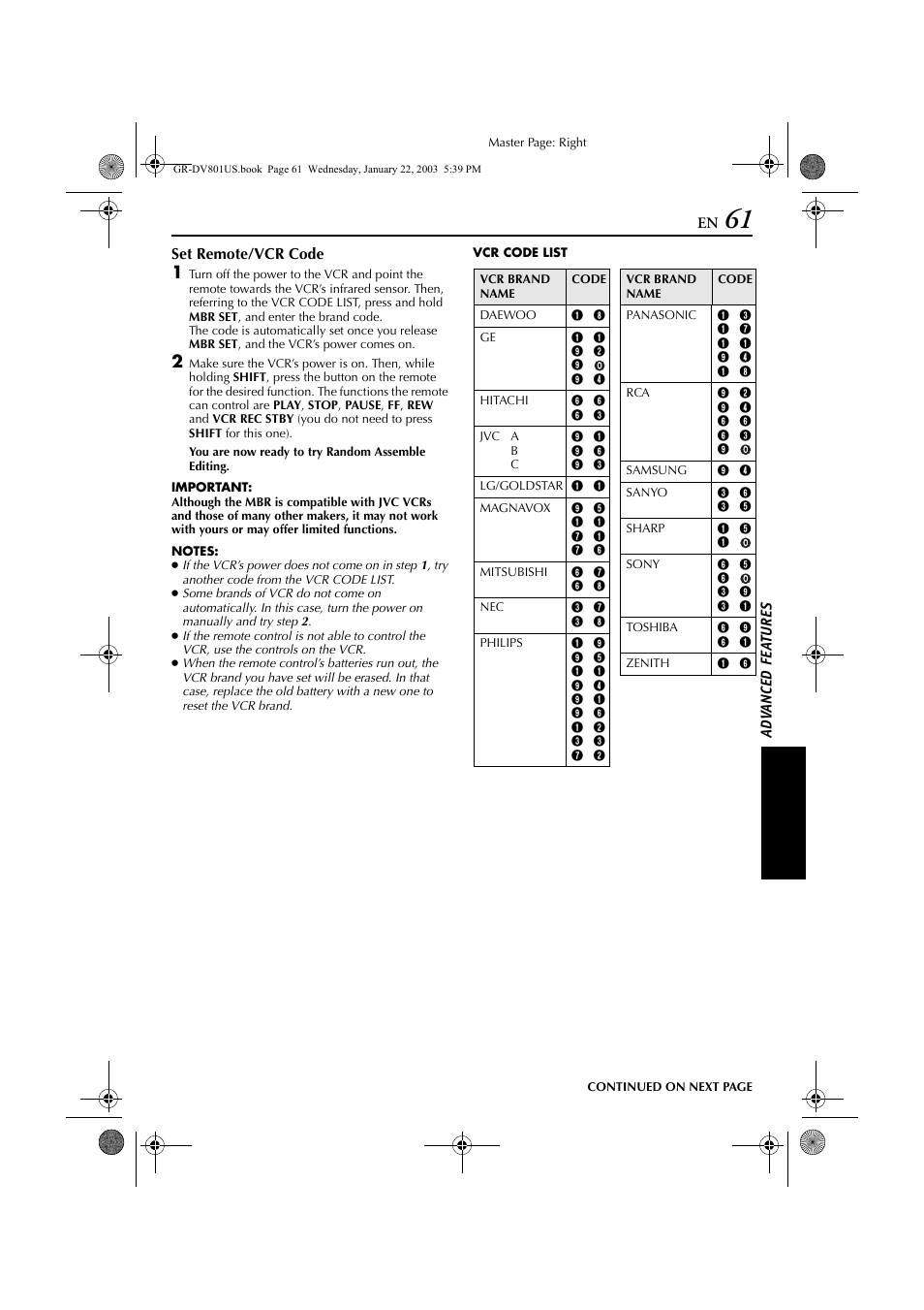 Pg. 61), See “vcr code list”), but can also be performed | JVC GR-DV801 User Manual | Page 61 / 88