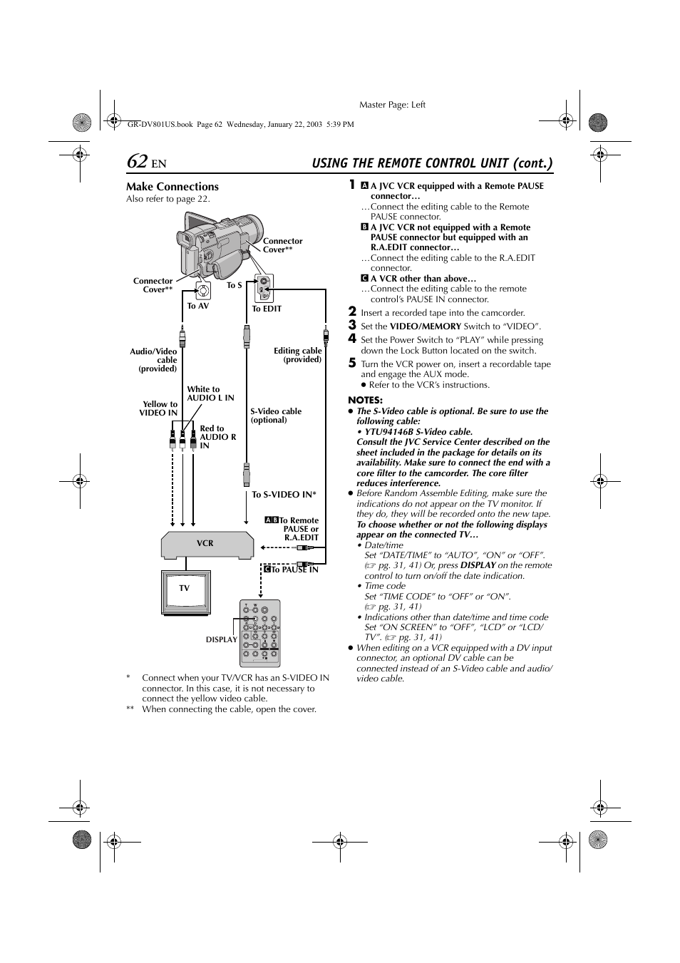 Pg. 62), Using the remote control unit (cont.) | JVC GR-DV801 User Manual | Page 62 / 88