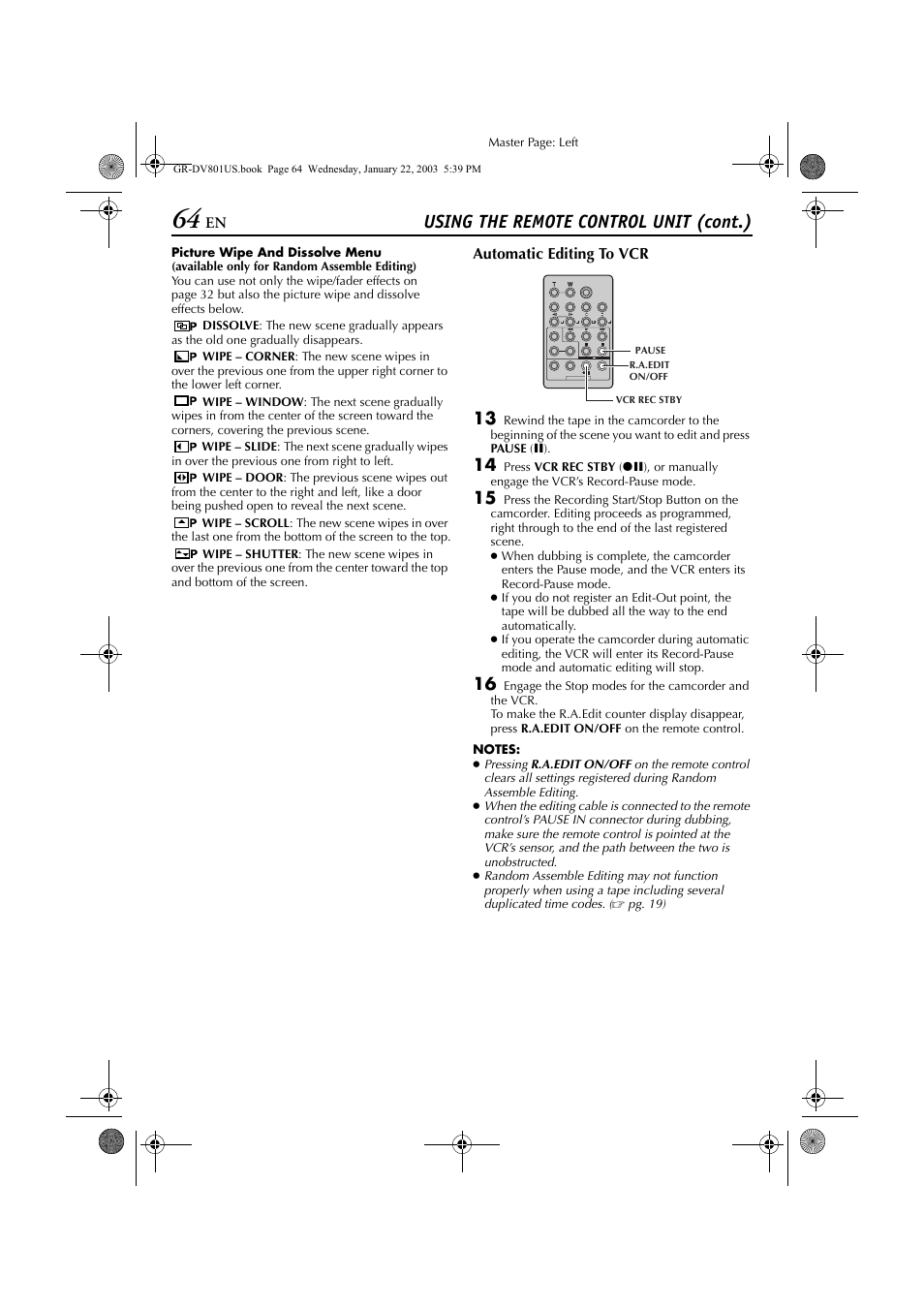 Using the remote control unit (cont.) | JVC GR-DV801 User Manual | Page 64 / 88