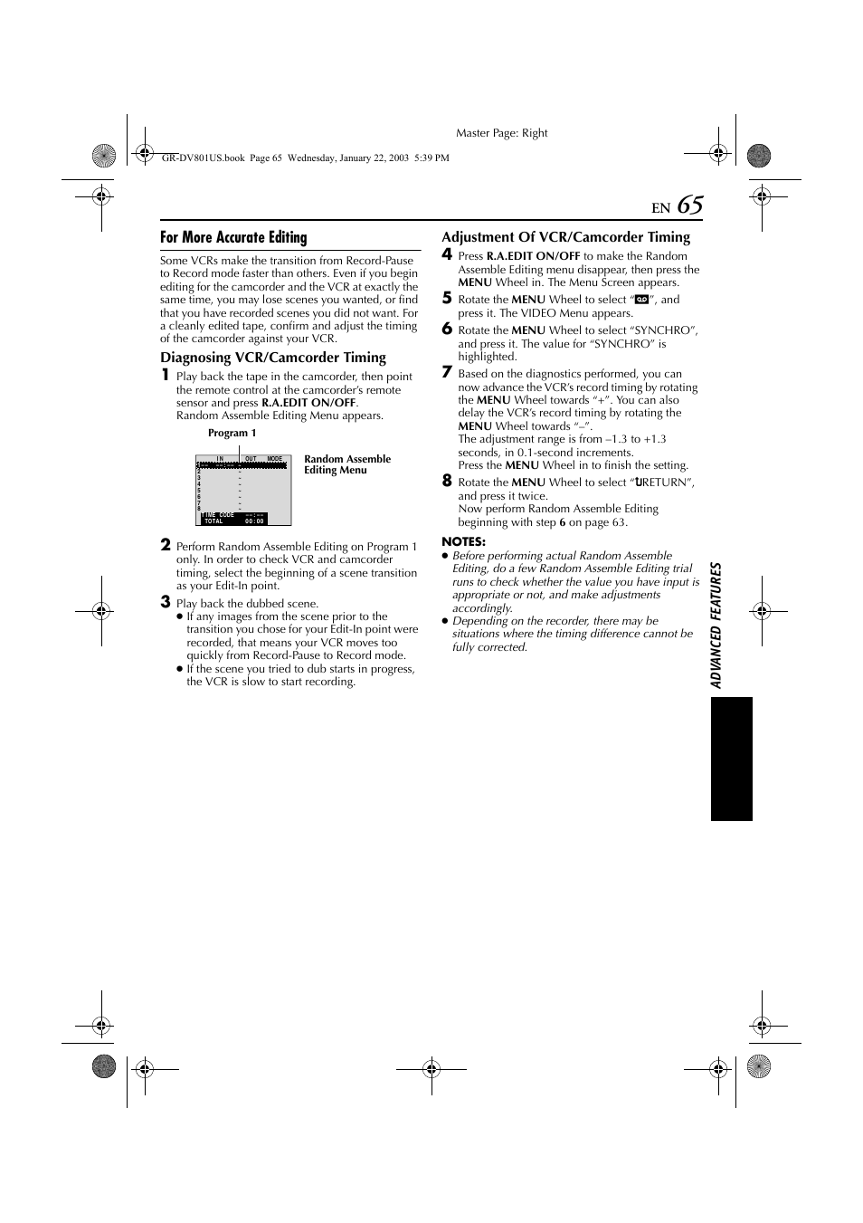 To “for more accurate editing, Pg. 65), For more accurate editing | JVC GR-DV801 User Manual | Page 65 / 88