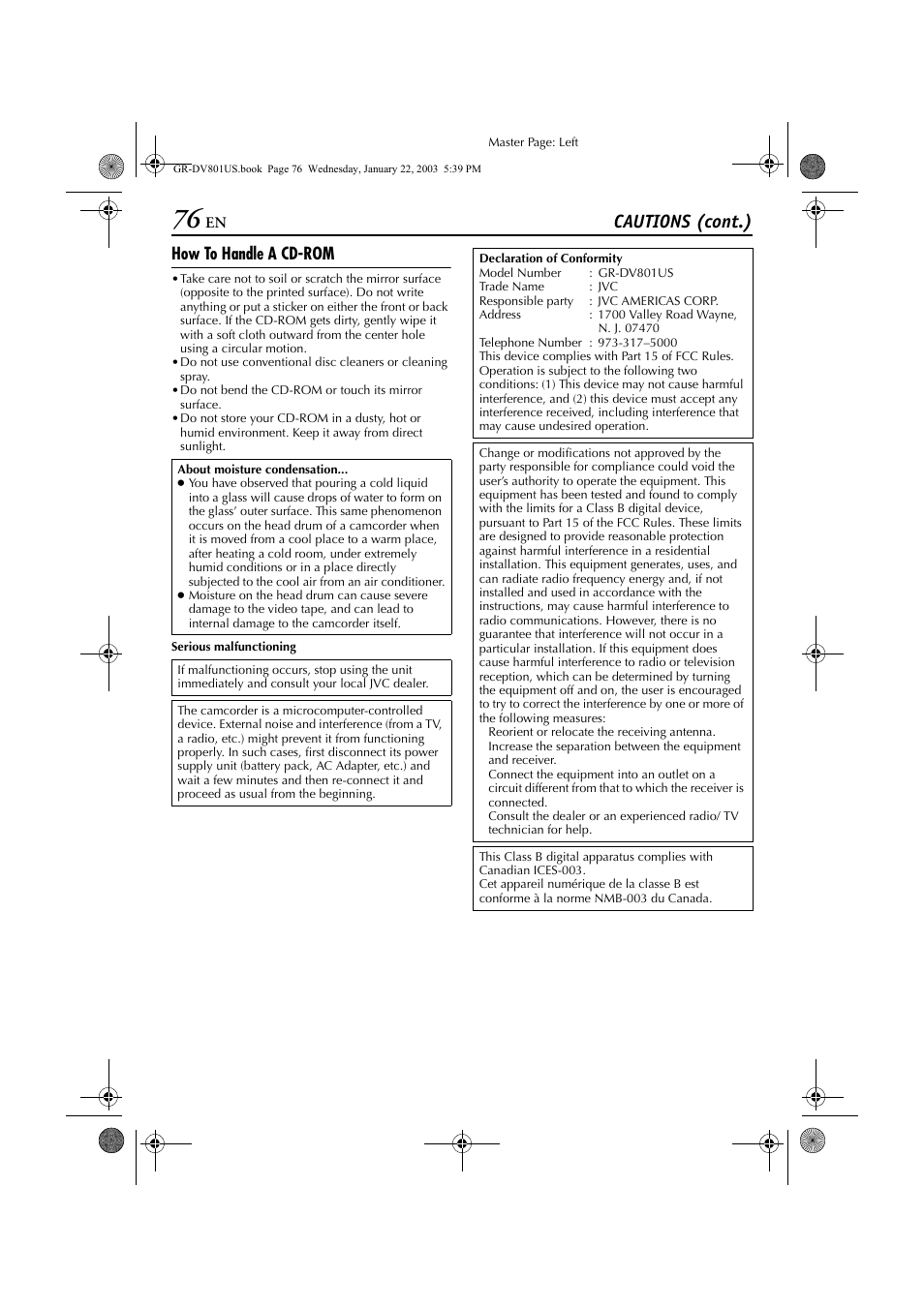 H 76, Cautions (cont.), How to handle a cd-rom | JVC GR-DV801 User Manual | Page 76 / 88