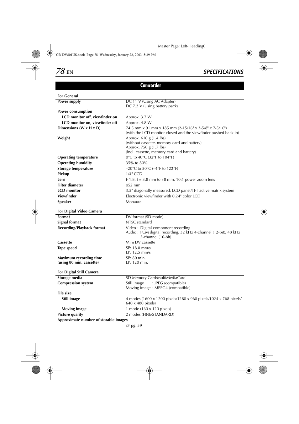 Specifications, Camcorder | JVC GR-DV801 User Manual | Page 78 / 88