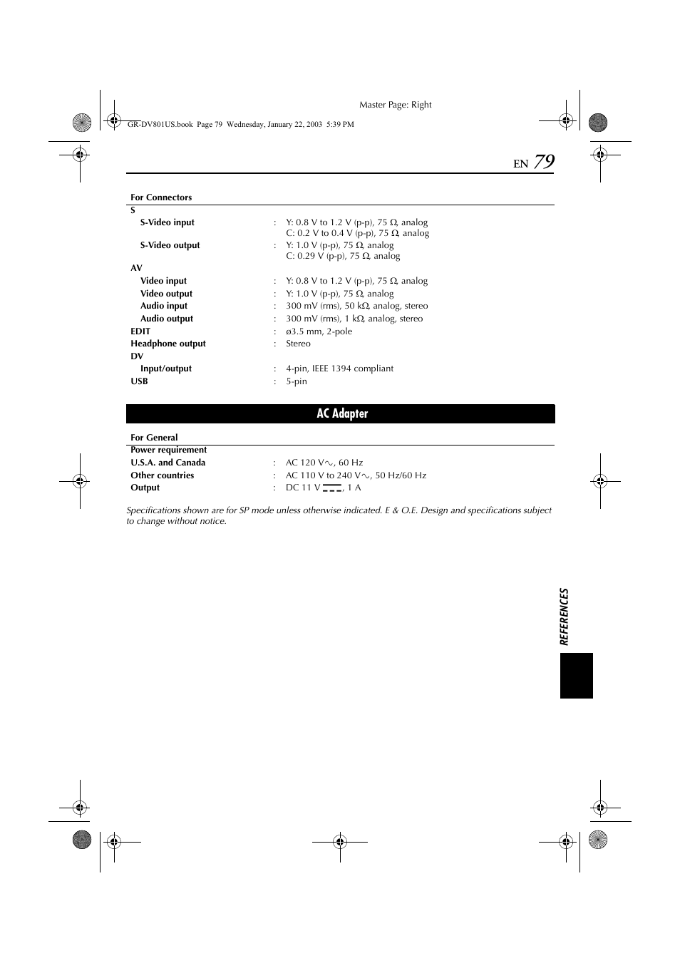 Ac adapter | JVC GR-DV801 User Manual | Page 79 / 88