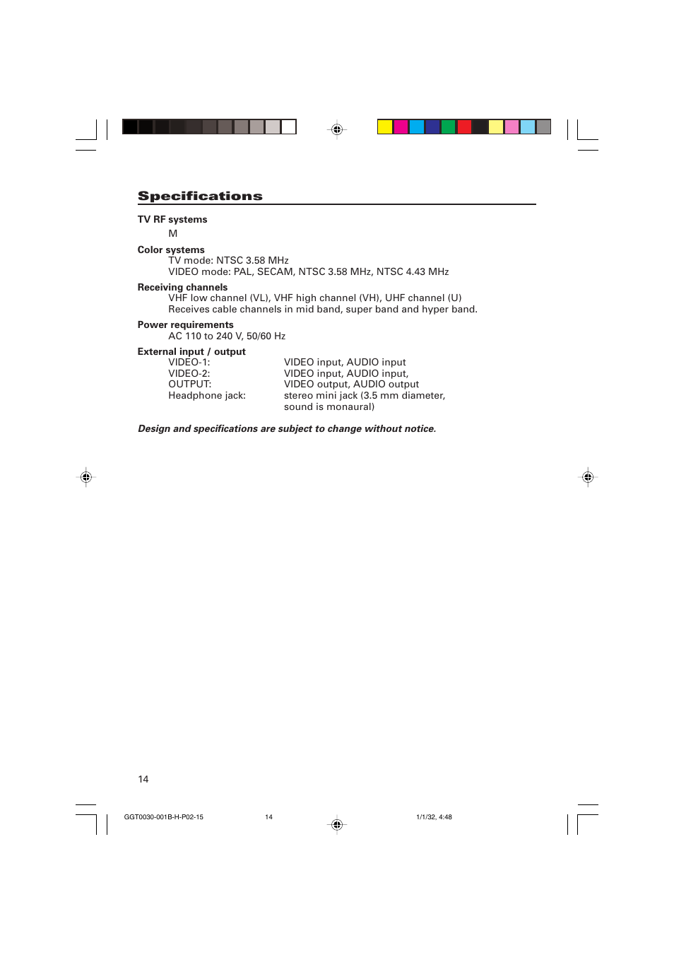 Specifications | JVC AV-20NN14 User Manual | Page 14 / 16