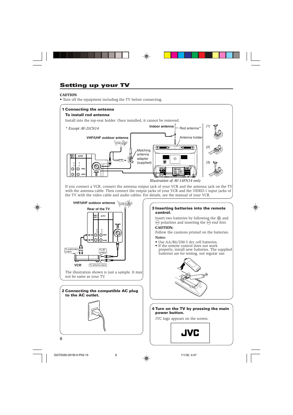 Setting up your tv, Video audio video-1 input output | JVC AV-20NN14 User Manual | Page 6 / 16