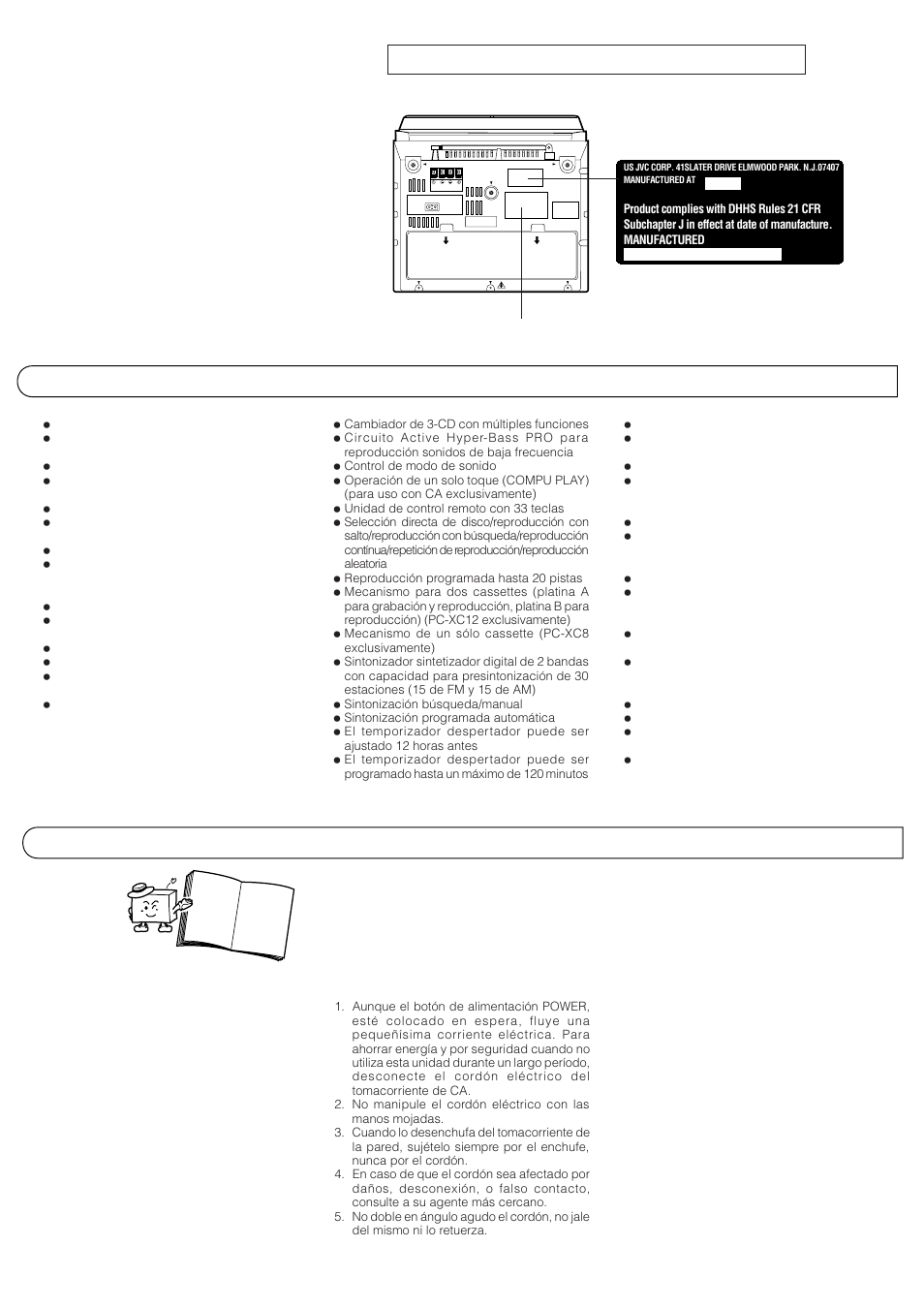 Important for laser products (for u.s.a. only), Identification label and certification label, Features caracteristicas caracteristiques | JVC PC-XC8 User Manual | Page 3 / 40