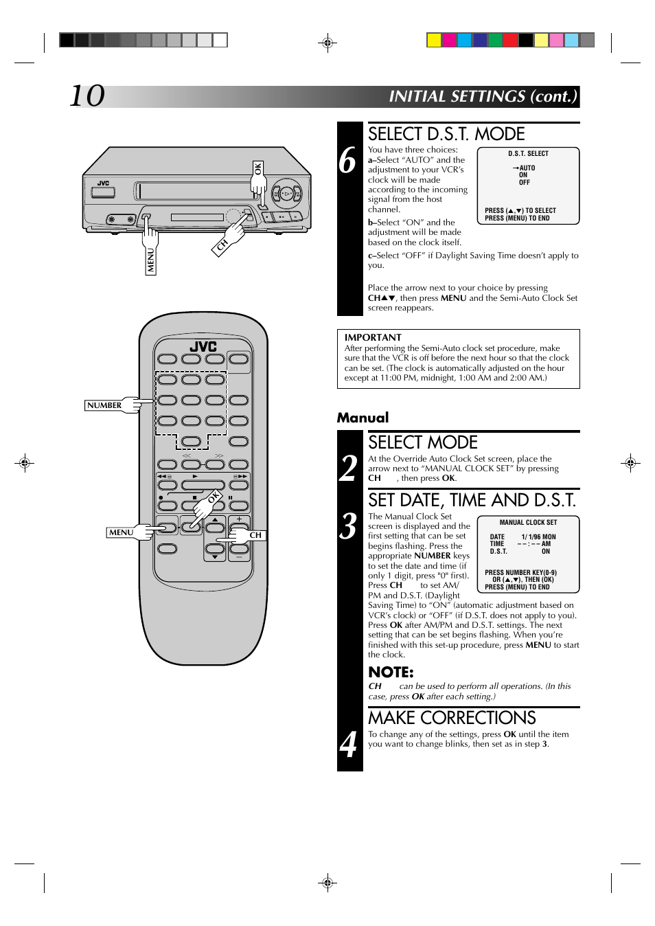 Select d.s.t. mode, Select mode, Set date, time and d.s.t | Make corrections, Initial settings (cont.), Manual | JVC HM-A22U User Manual | Page 10 / 40