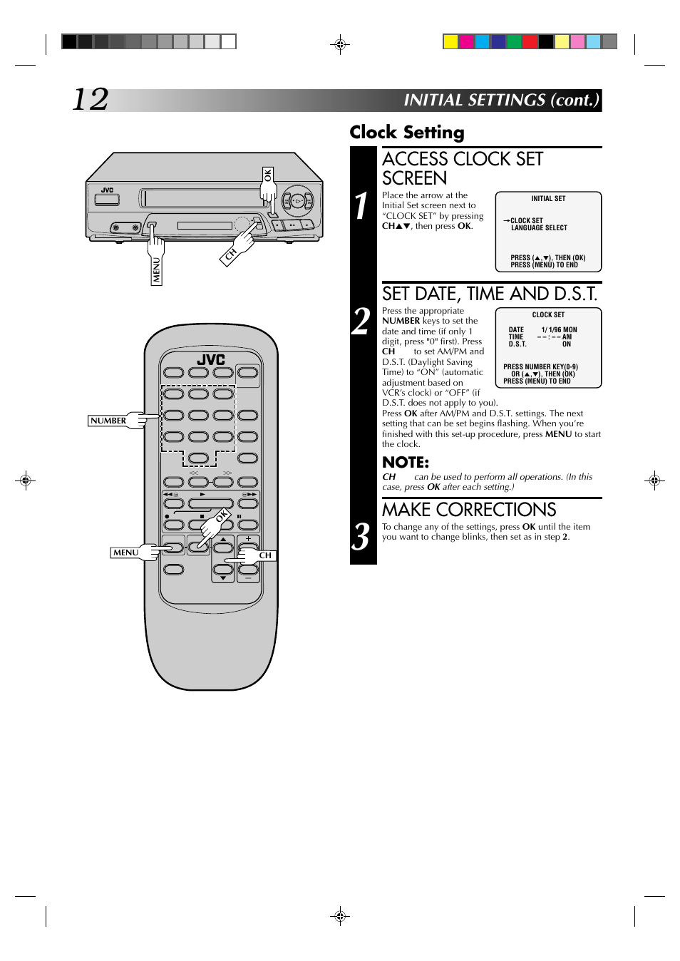 Access clock set screen, Set date, time and d.s.t, Make corrections | Clock setting, Initial settings (cont.) | JVC HM-A22U User Manual | Page 12 / 40