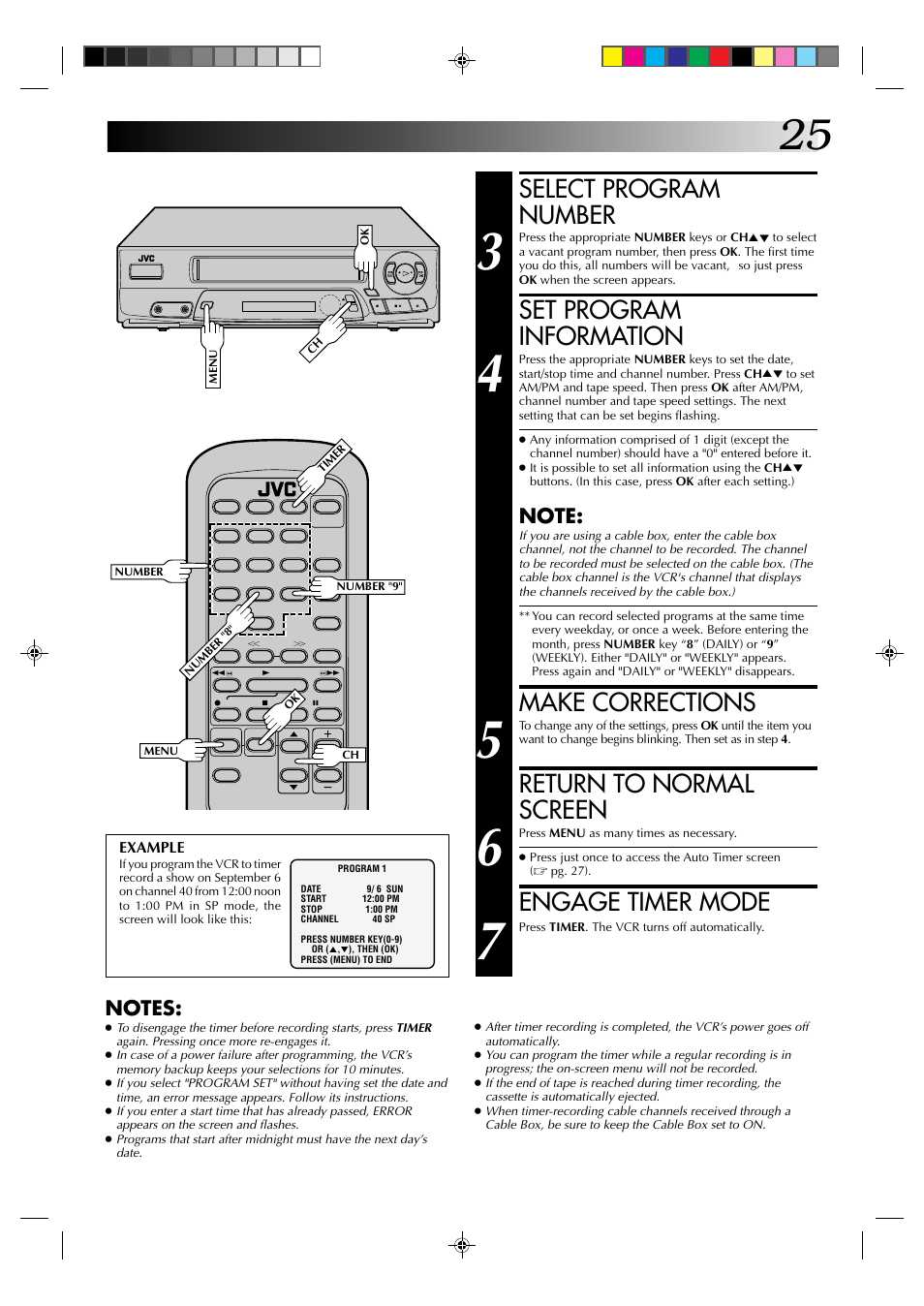 Select program number, Set program information, Make corrections | Return to normal screen, Engage timer mode | JVC HM-A22U User Manual | Page 25 / 40