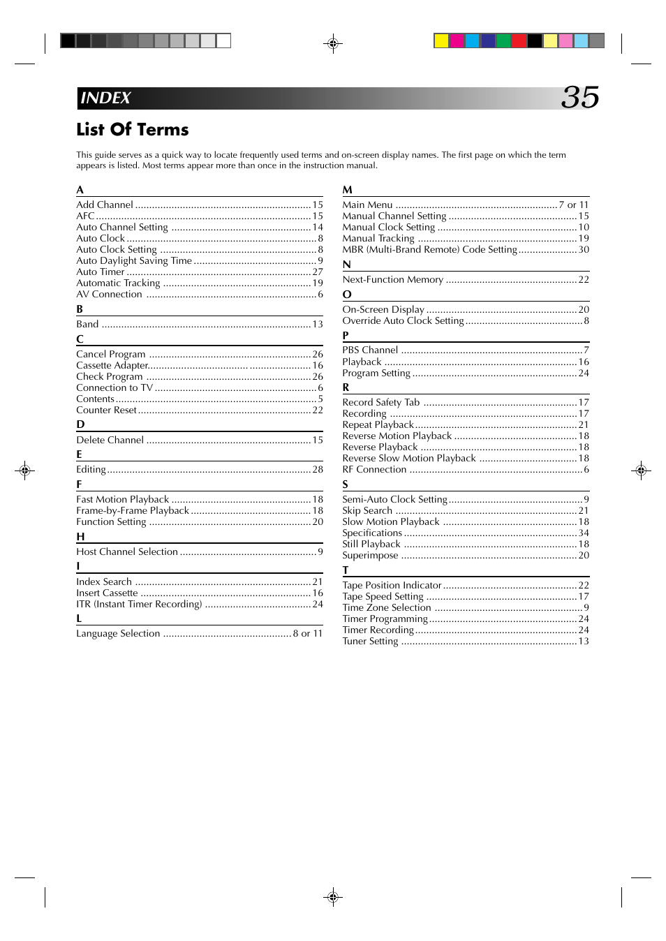 Index list of terms | JVC HM-A22U User Manual | Page 35 / 40