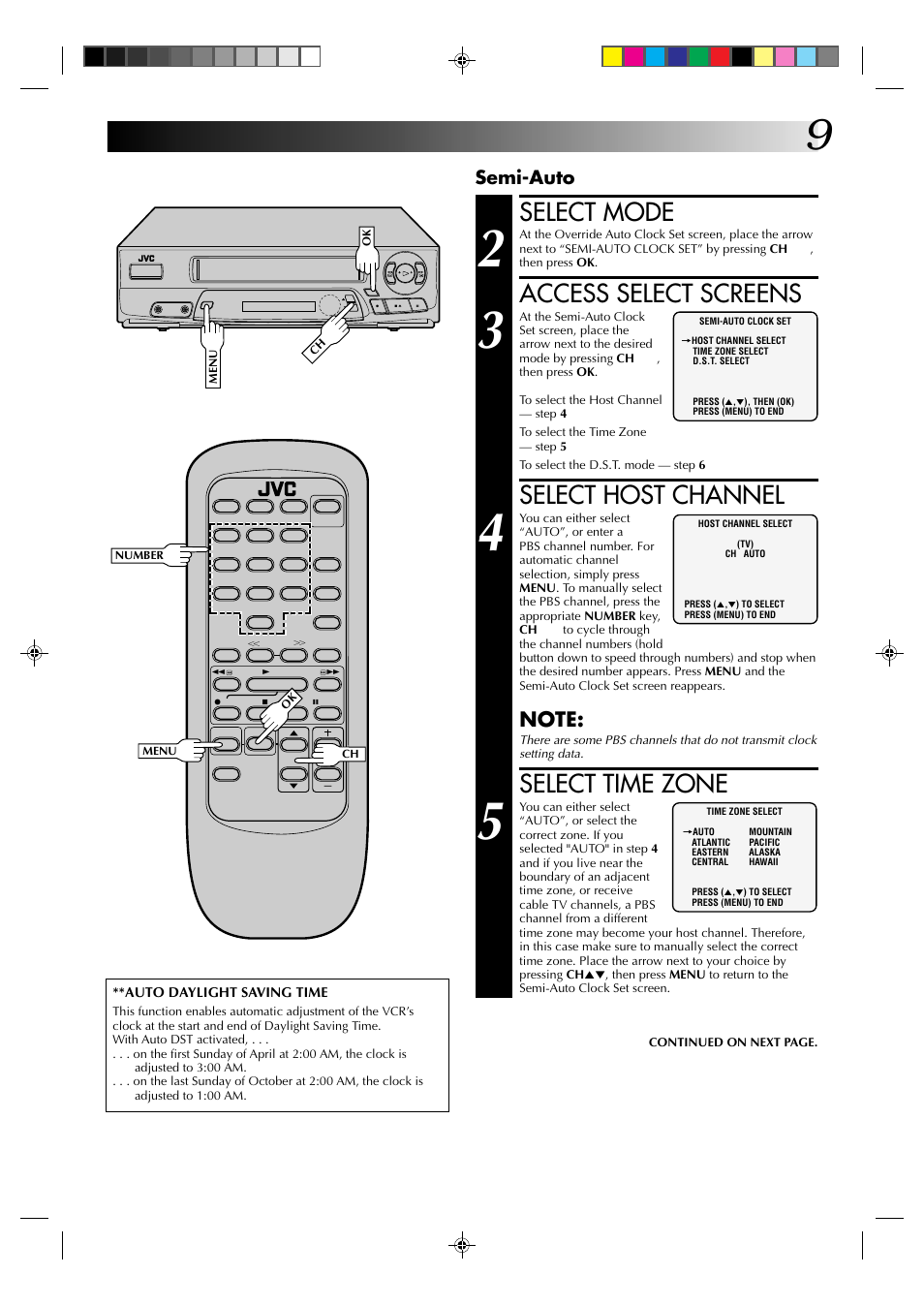 Select mode, Access select screens, Select host channel | Select time zone, Semi-auto | JVC HM-A22U User Manual | Page 9 / 40