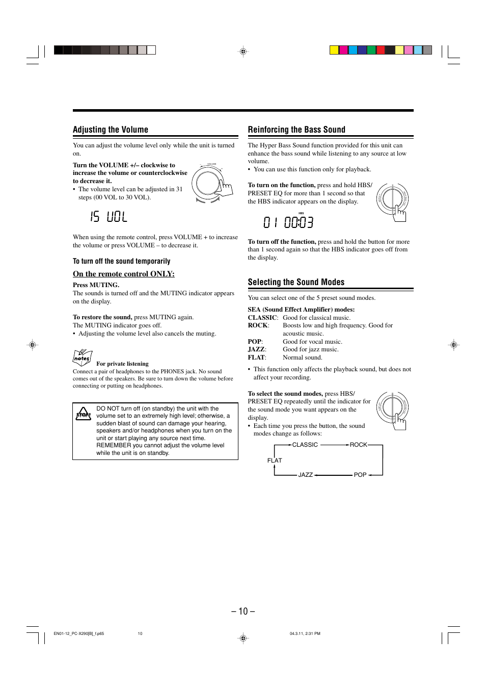 Adjusting the volume, Reinforcing the bass sound, Selecting the sound modes | On the remote control only | JVC CA-PCX290 User Manual | Page 13 / 24