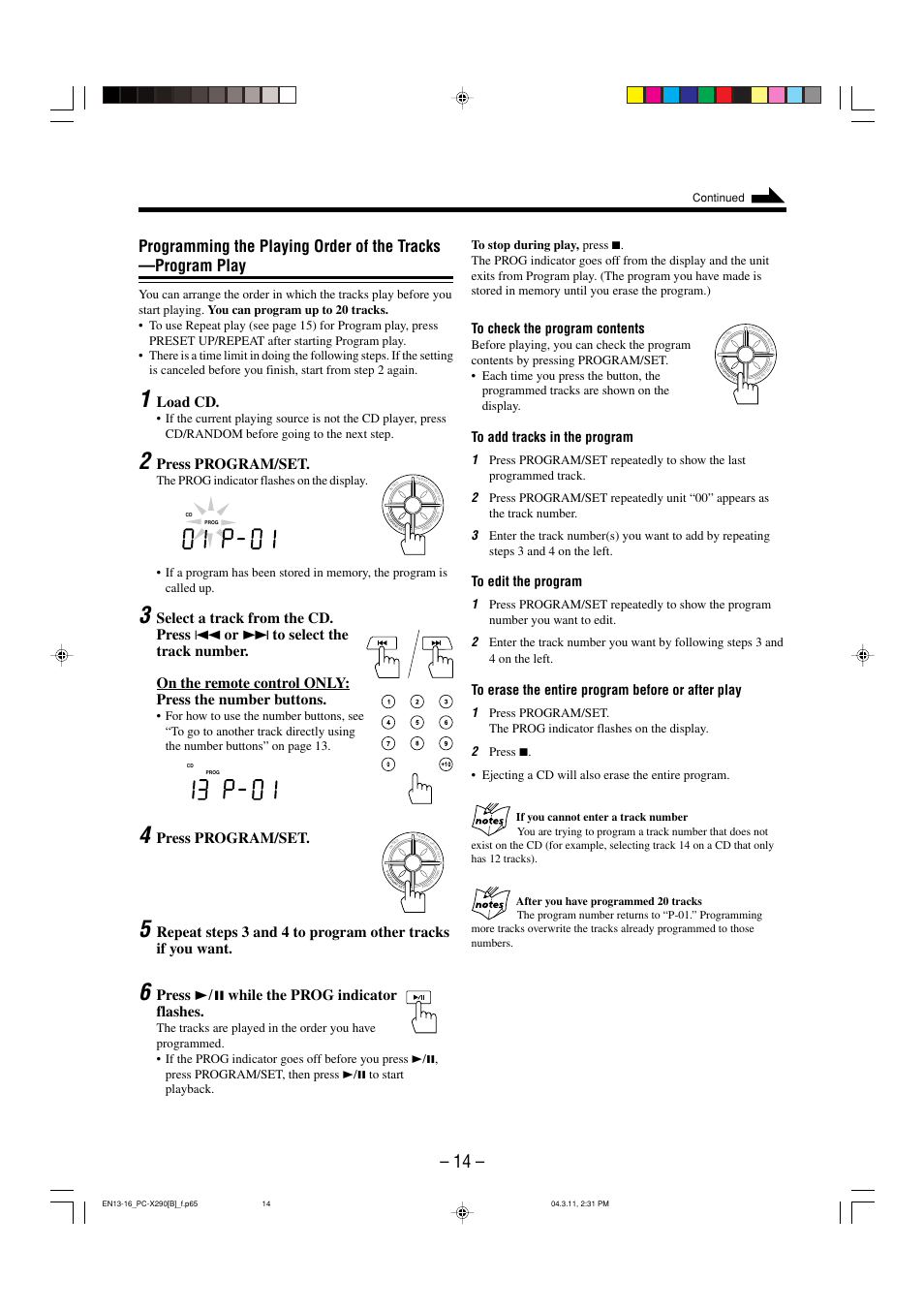 Load cd, Press program/set, Press 3¥8 while the prog indicator flashes | Continued | JVC CA-PCX290 User Manual | Page 17 / 24