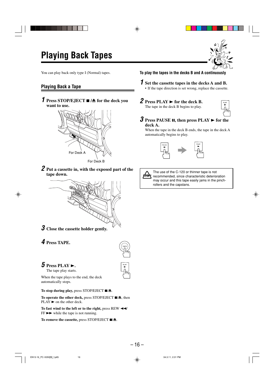 Playing back tapes | JVC CA-PCX290 User Manual | Page 19 / 24