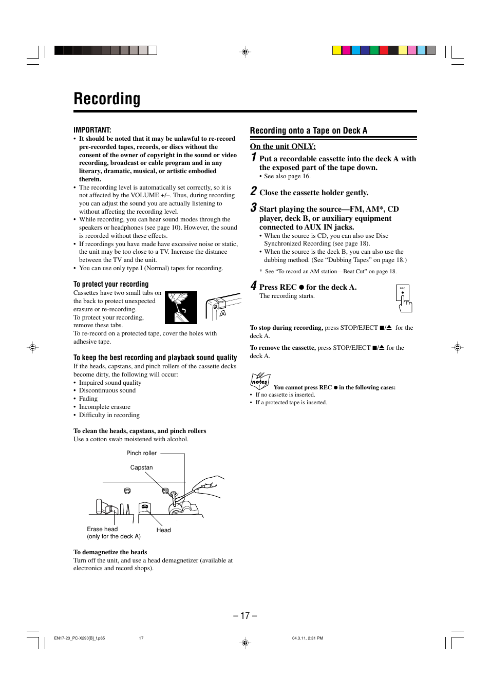 Recording | JVC CA-PCX290 User Manual | Page 20 / 24