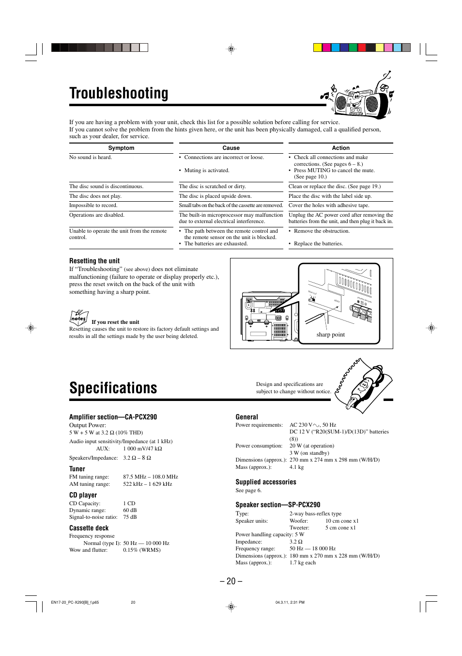 Troubleshooting, Specifications | JVC CA-PCX290 User Manual | Page 23 / 24