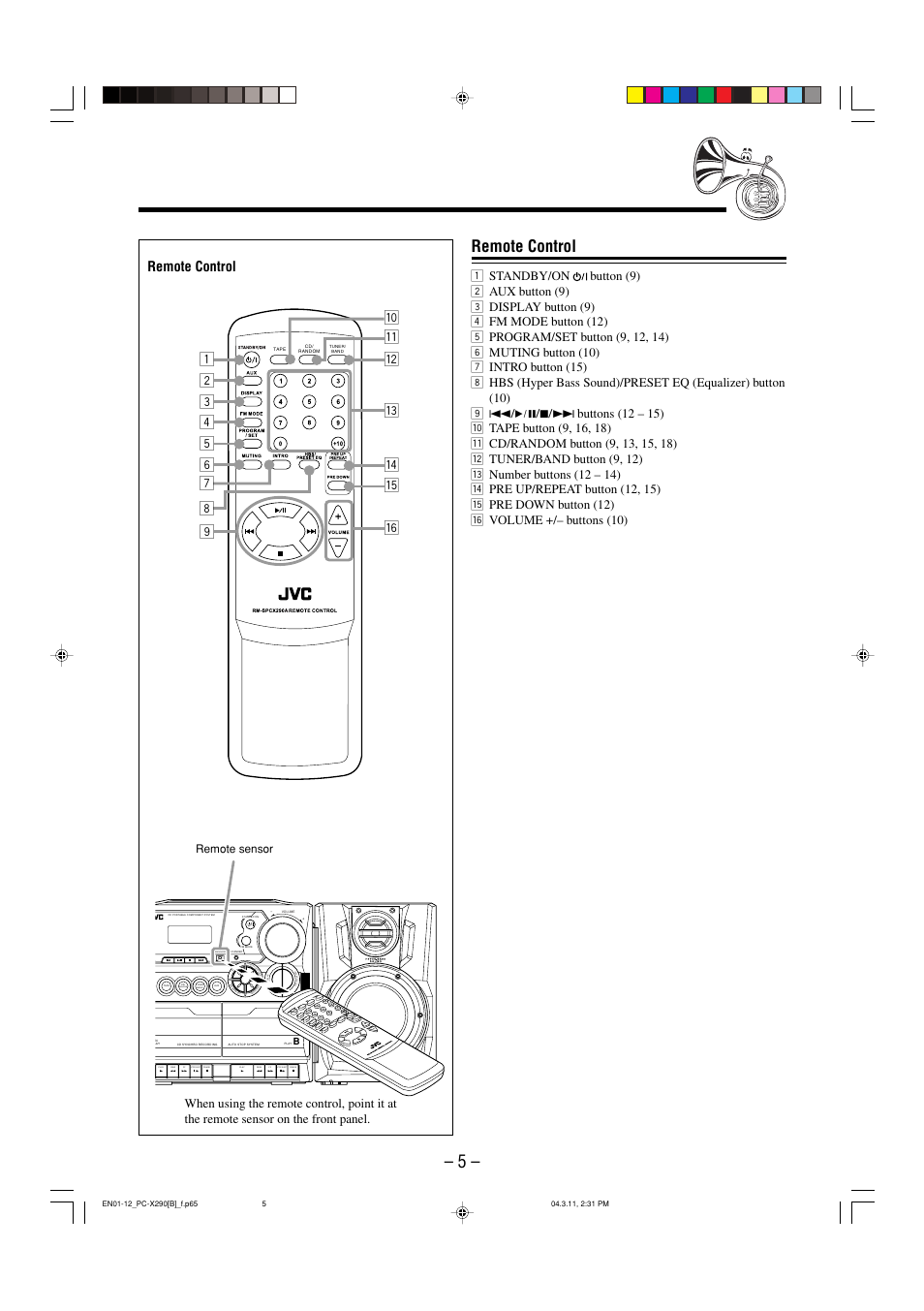 Remote control | JVC CA-PCX290 User Manual | Page 8 / 24