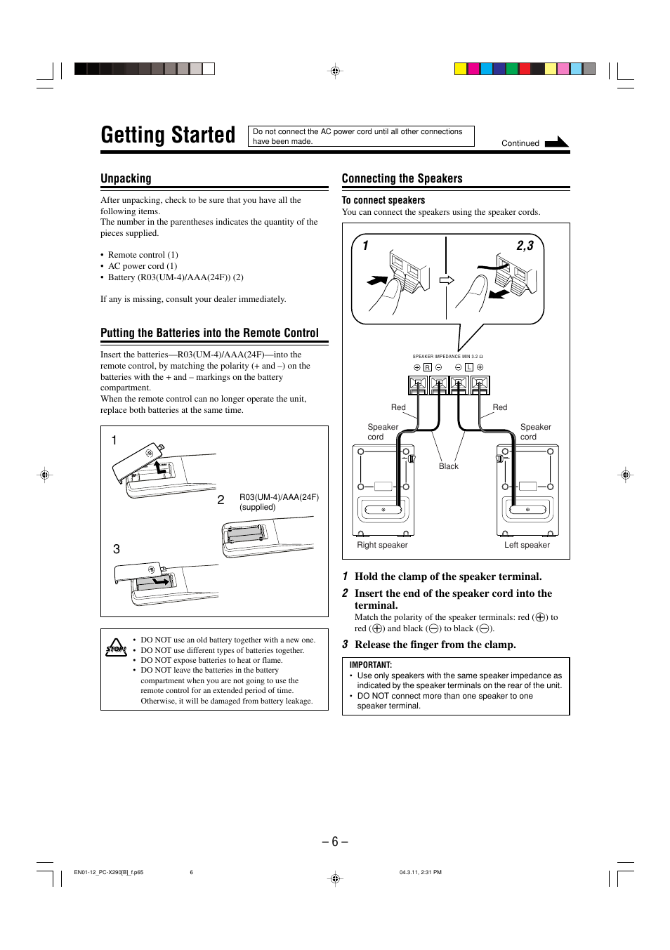 Getting started, Connecting the speakers, Unpacking | Putting the batteries into the remote control | JVC CA-PCX290 User Manual | Page 9 / 24