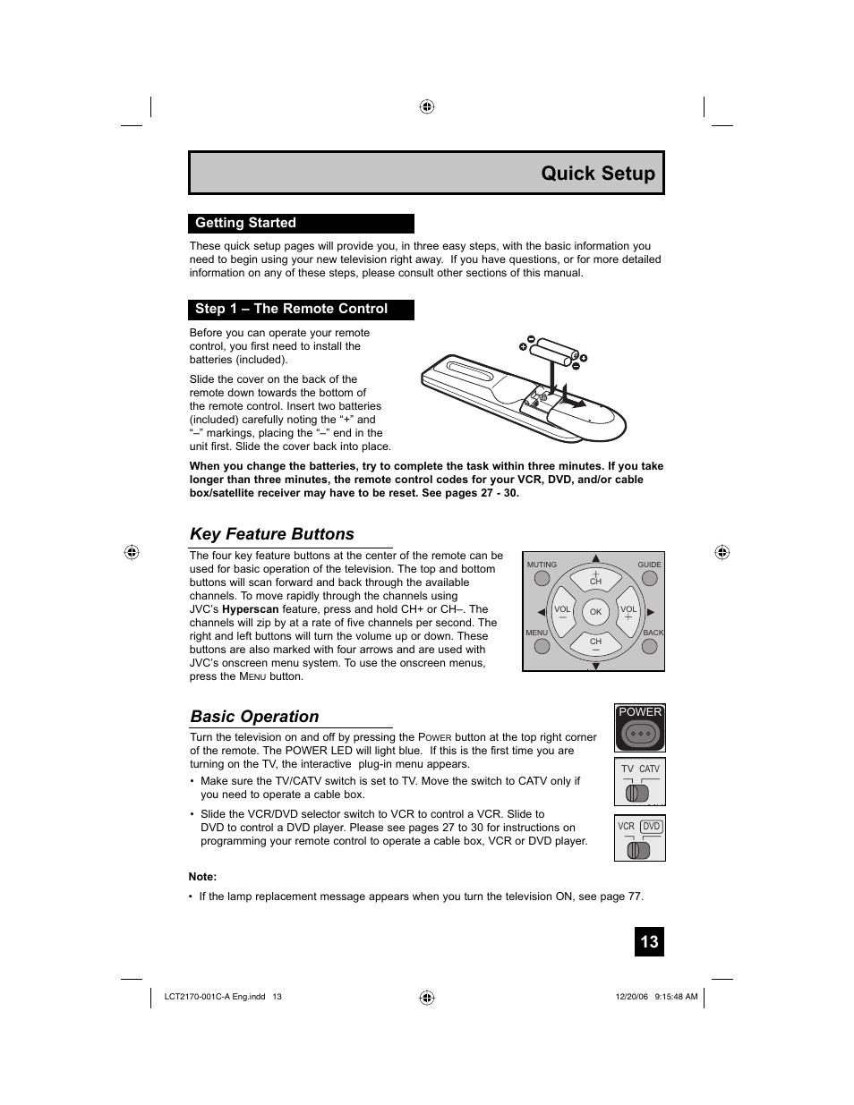 Getting started, Step 1 – the remote control, Quick setup | Key feature buttons, Basic operation, Getting started step 1 – the remote control | JVC HD-61FB97 User Manual | Page 13 / 88