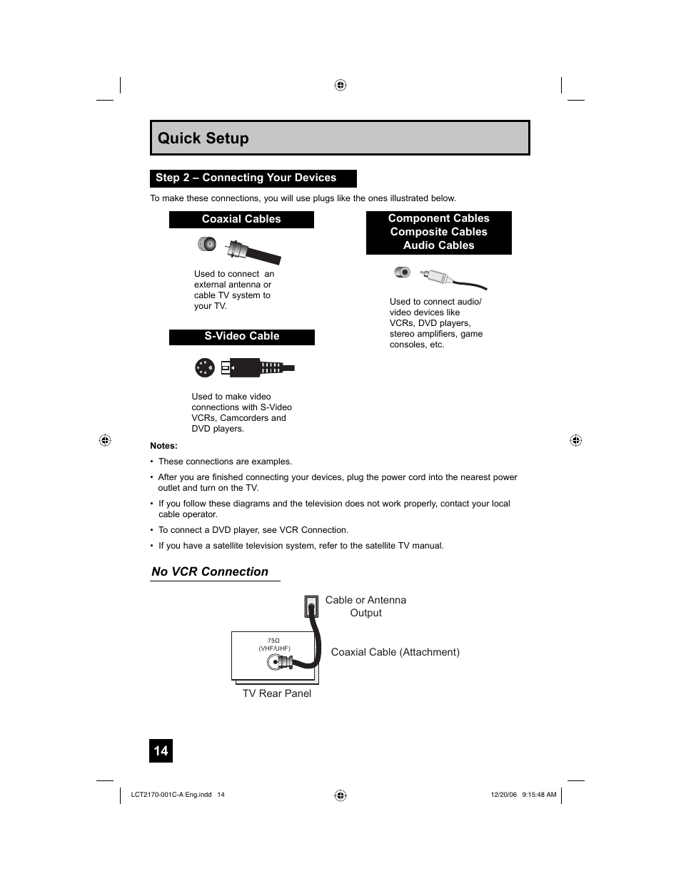 Step 2 – connecting your devices, Quick setup, No vcr connection | JVC HD-61FB97 User Manual | Page 14 / 88
