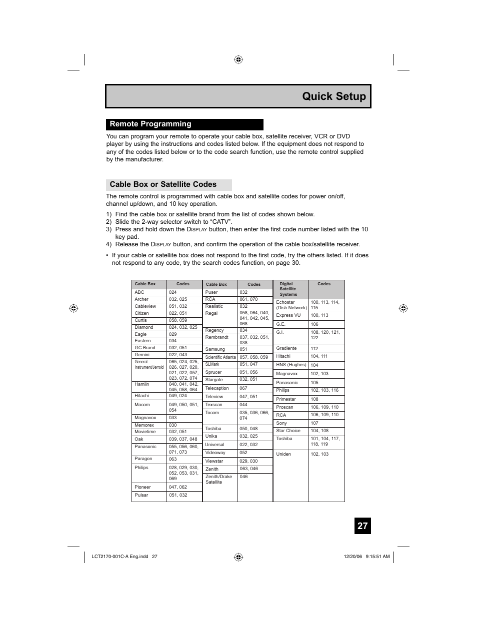 Remote programming, Quick setup, Remote programming cable box or satellite codes | JVC HD-61FB97 User Manual | Page 27 / 88