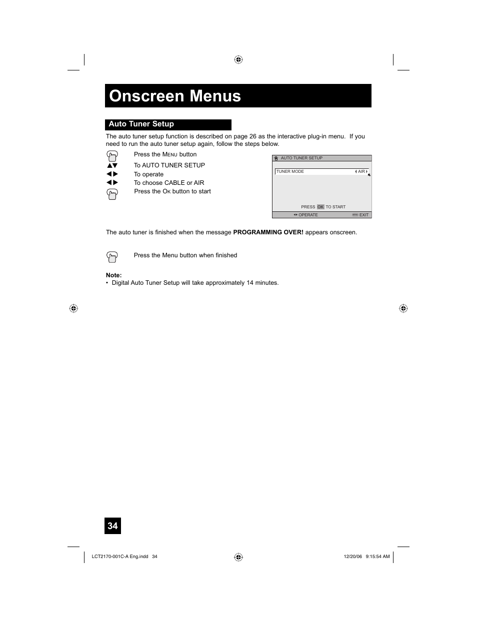 Auto tuner setup, Onscreen menus | JVC HD-61FB97 User Manual | Page 34 / 88