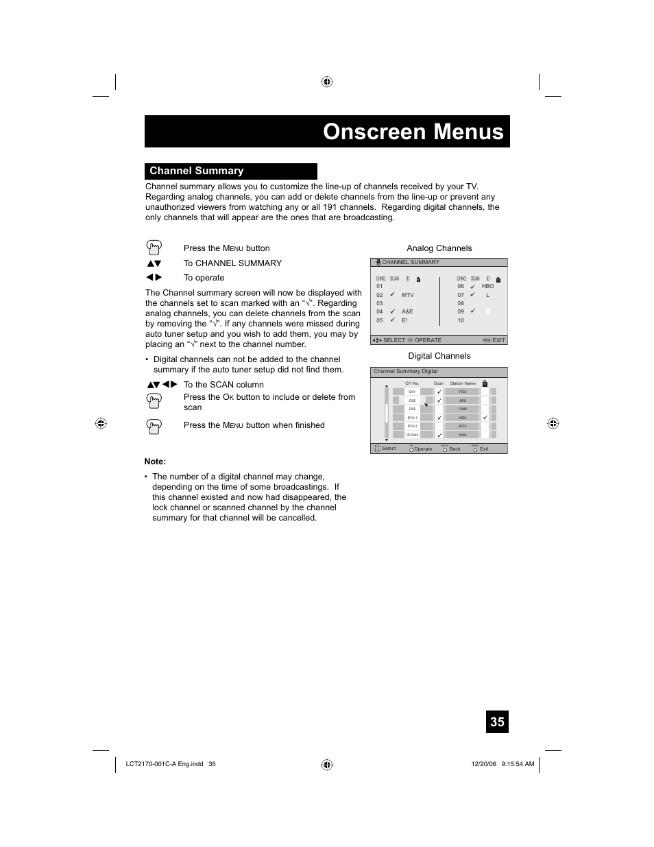 Channel summary, Onscreen menus | JVC HD-61FB97 User Manual | Page 35 / 88