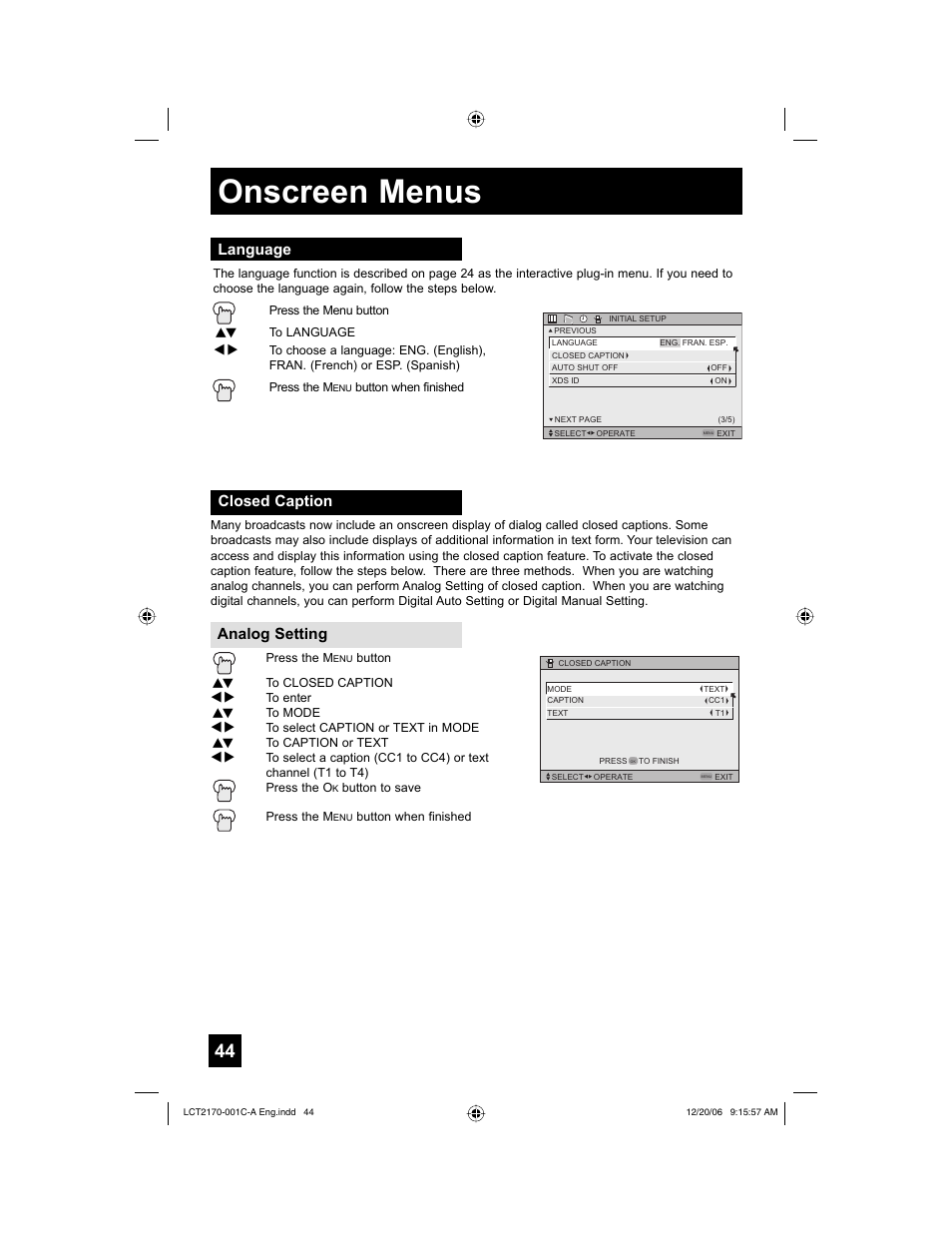 Language, Closed caption, Onscreen menus | Closed caption analog setting | JVC HD-61FB97 User Manual | Page 44 / 88