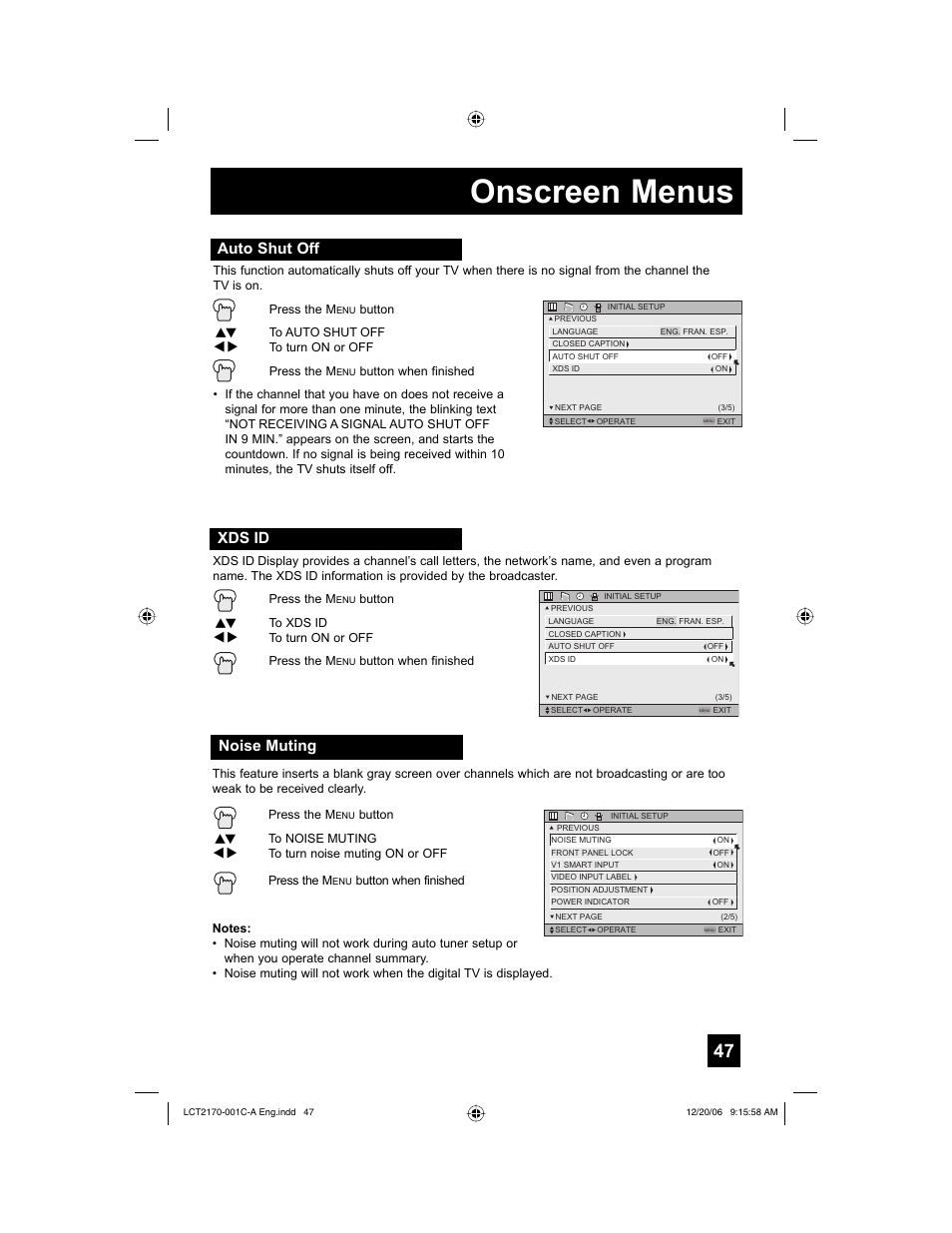 Auto shut off, Xds id, Noise muting | Onscreen menus | JVC HD-61FB97 User Manual | Page 47 / 88