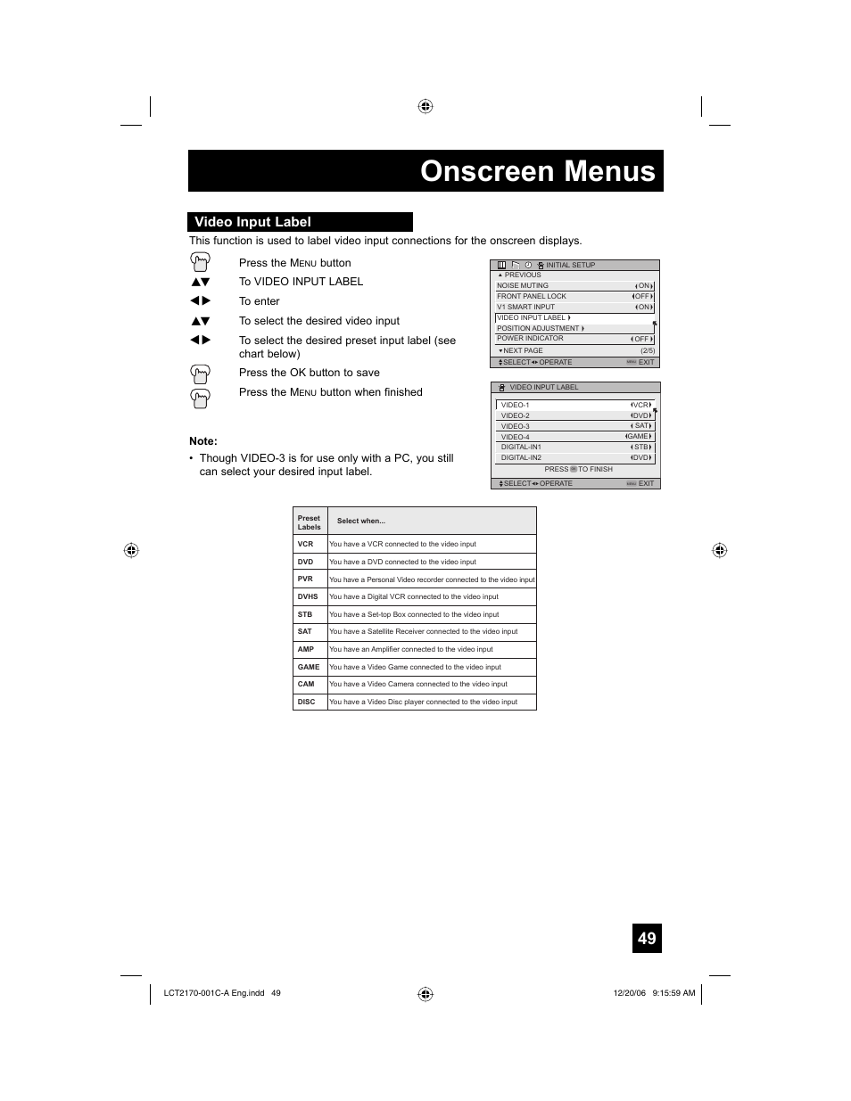 Video input label, Onscreen menus | JVC HD-61FB97 User Manual | Page 49 / 88