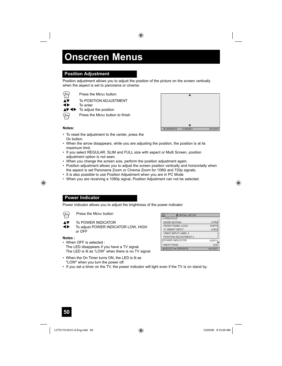 Position adjustment, Power indicator, Onscreen menus | JVC HD-61FB97 User Manual | Page 50 / 88