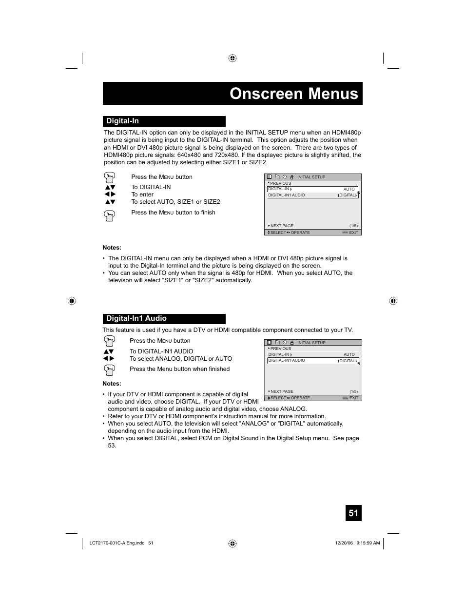 Digital-in, Digital-in1 audio, Onscreen menus | Digital-in digital-in1 audio | JVC HD-61FB97 User Manual | Page 51 / 88