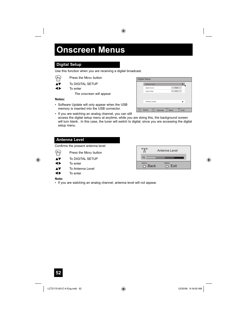 Digital setup, Antenna level, Onscreen menus | JVC HD-61FB97 User Manual | Page 52 / 88