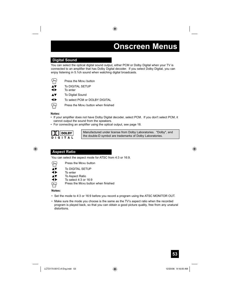 Digital sound, Aspect ratio, Onscreen menus | JVC HD-61FB97 User Manual | Page 53 / 88