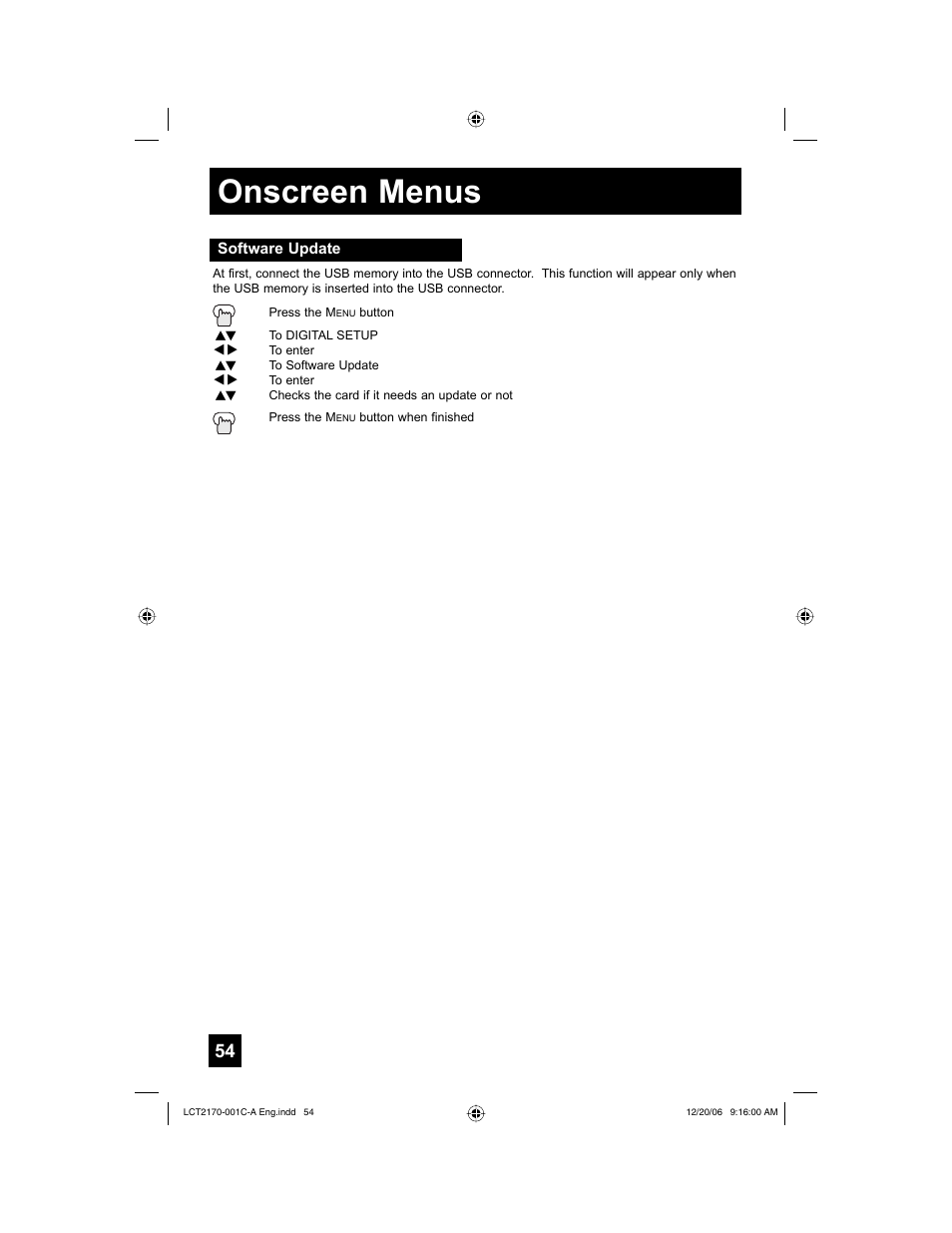 Software update, Onscreen menus | JVC HD-61FB97 User Manual | Page 54 / 88