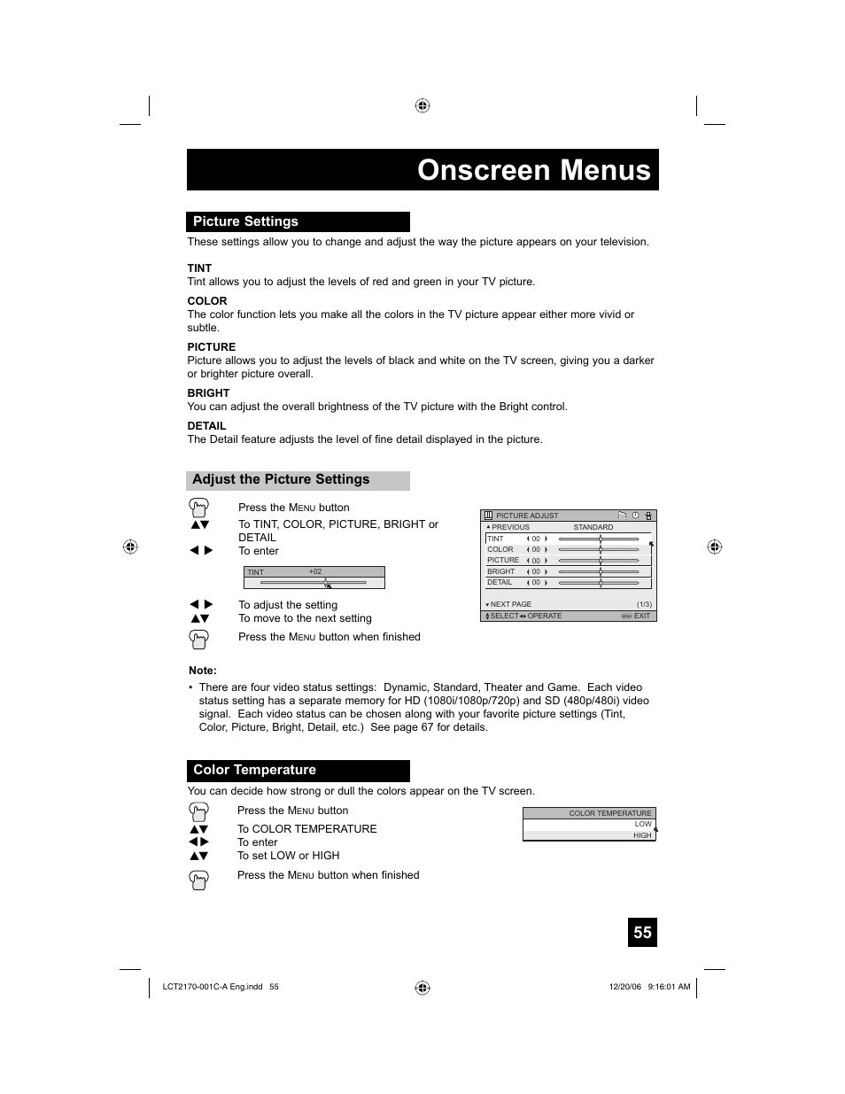 Picture settings, Color temperature, Onscreen menus | JVC HD-61FB97 User Manual | Page 55 / 88