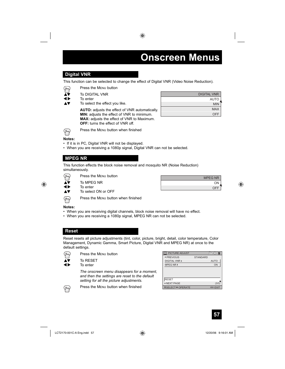Digital vnr, Mpeg nr, Reset | Onscreen menus, Digital vnr mpeg nr | JVC HD-61FB97 User Manual | Page 57 / 88