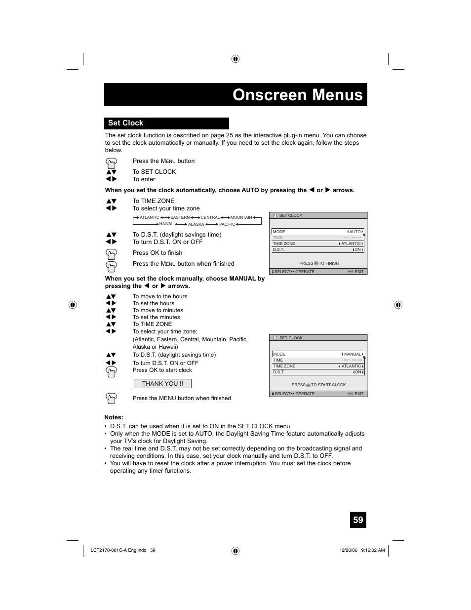 Set clock, Onscreen menus | JVC HD-61FB97 User Manual | Page 59 / 88
