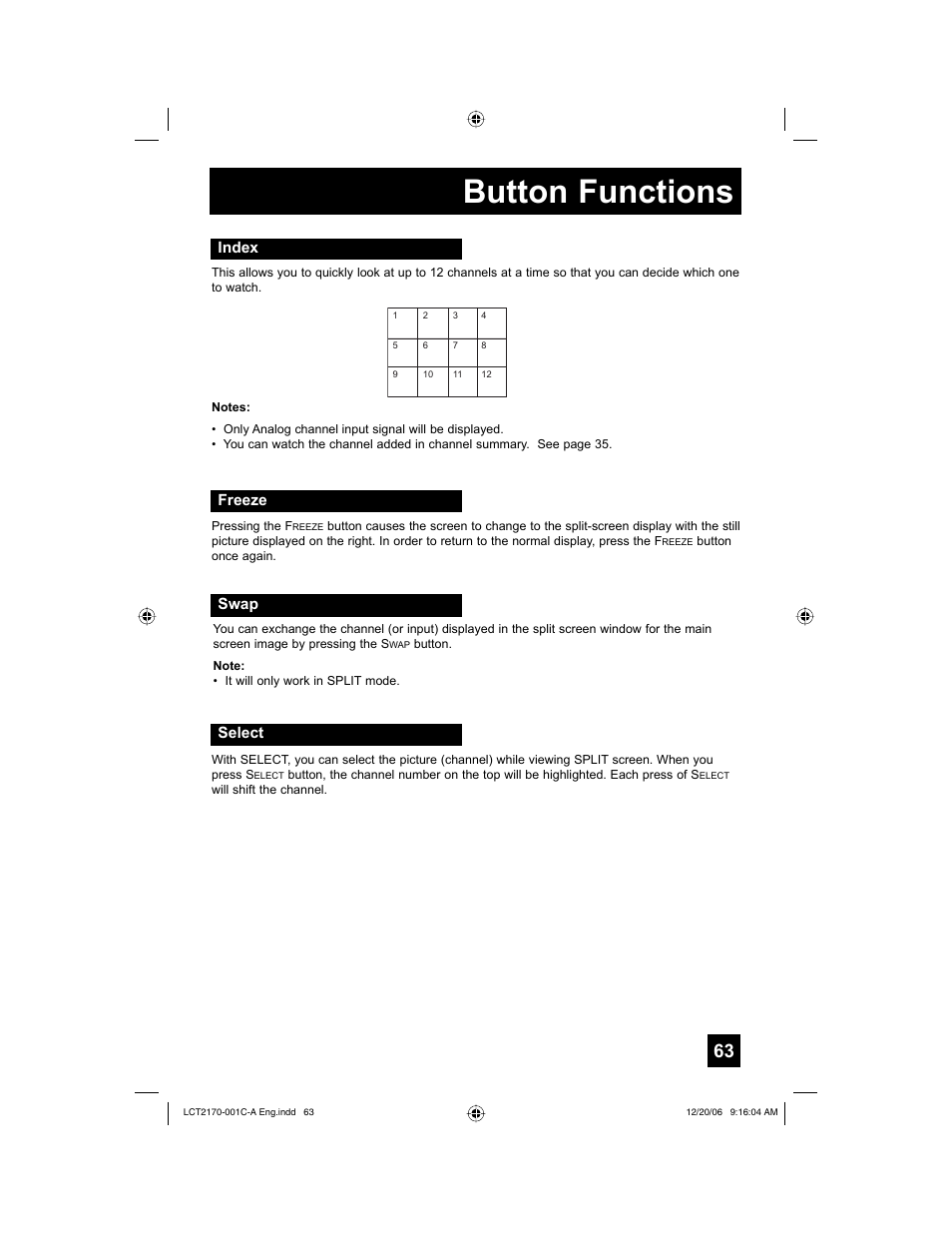 Index, Freeze, Swap | Select, Button functions, Freeze swap | JVC HD-61FB97 User Manual | Page 63 / 88