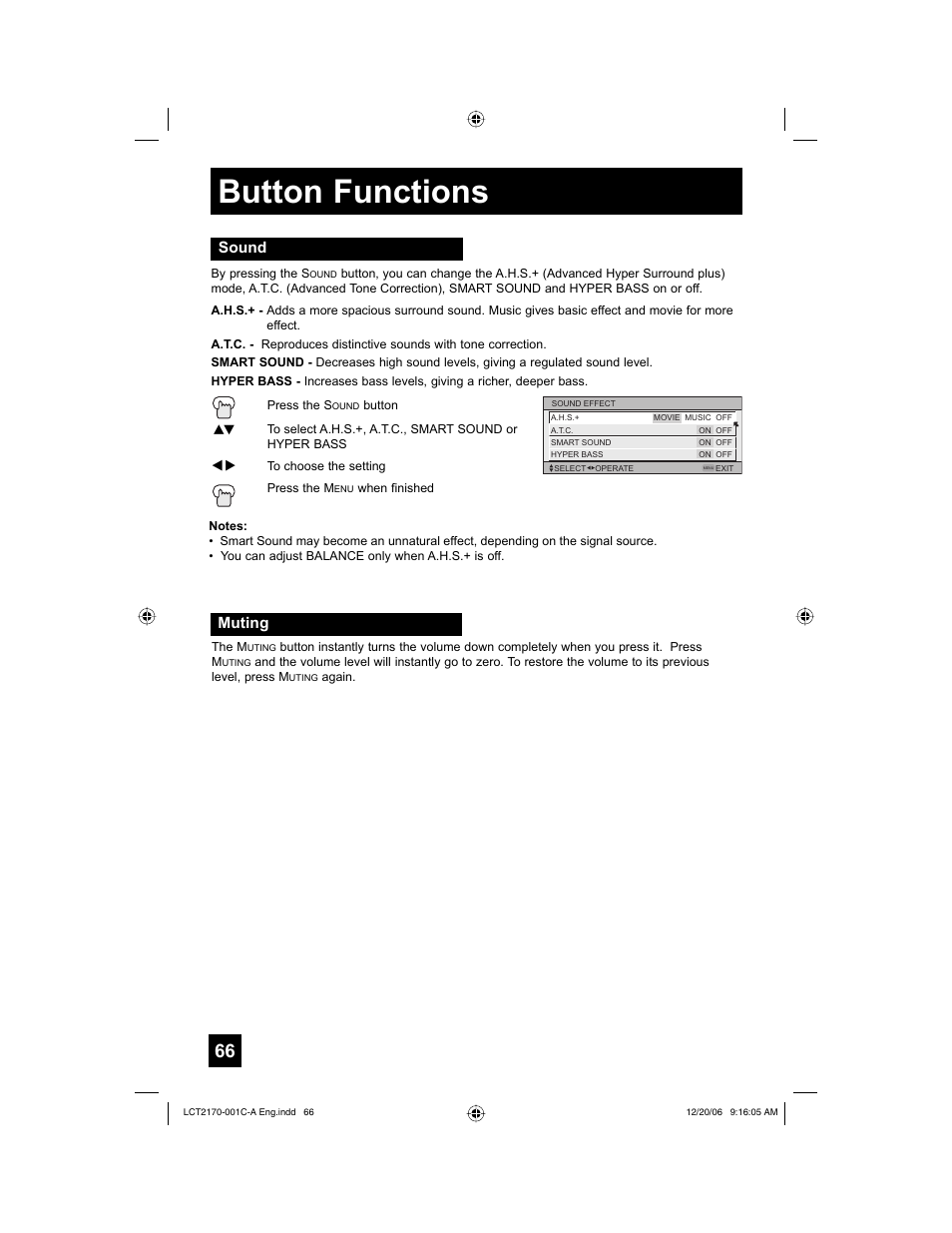 Sound, Muting, Button functions | JVC HD-61FB97 User Manual | Page 66 / 88