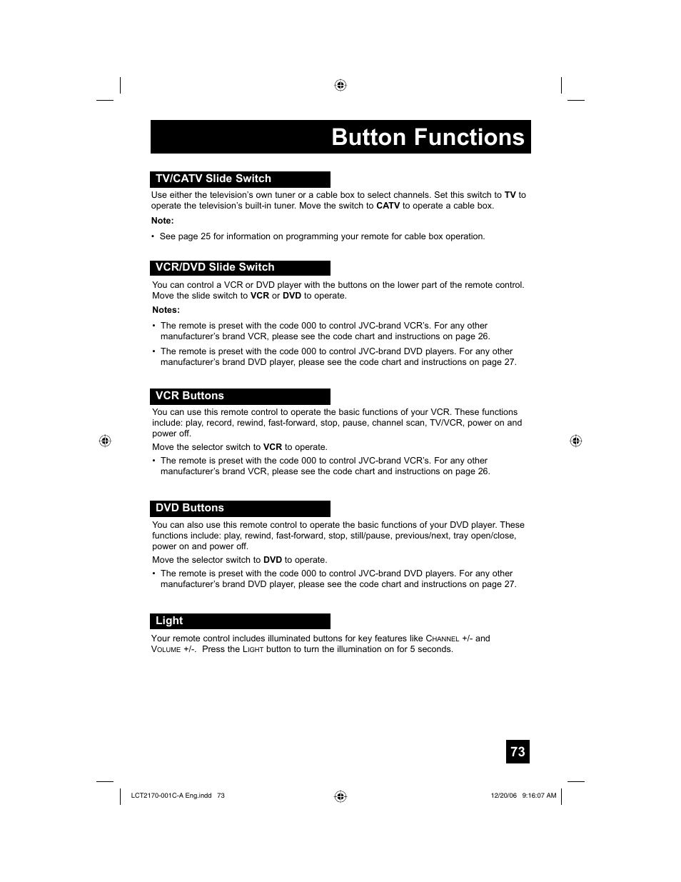 Tv/catv slide switch, Vcr/dvd slide switch, Vcr buttons | Dvd buttons, Light, Button functions | JVC HD-61FB97 User Manual | Page 73 / 88