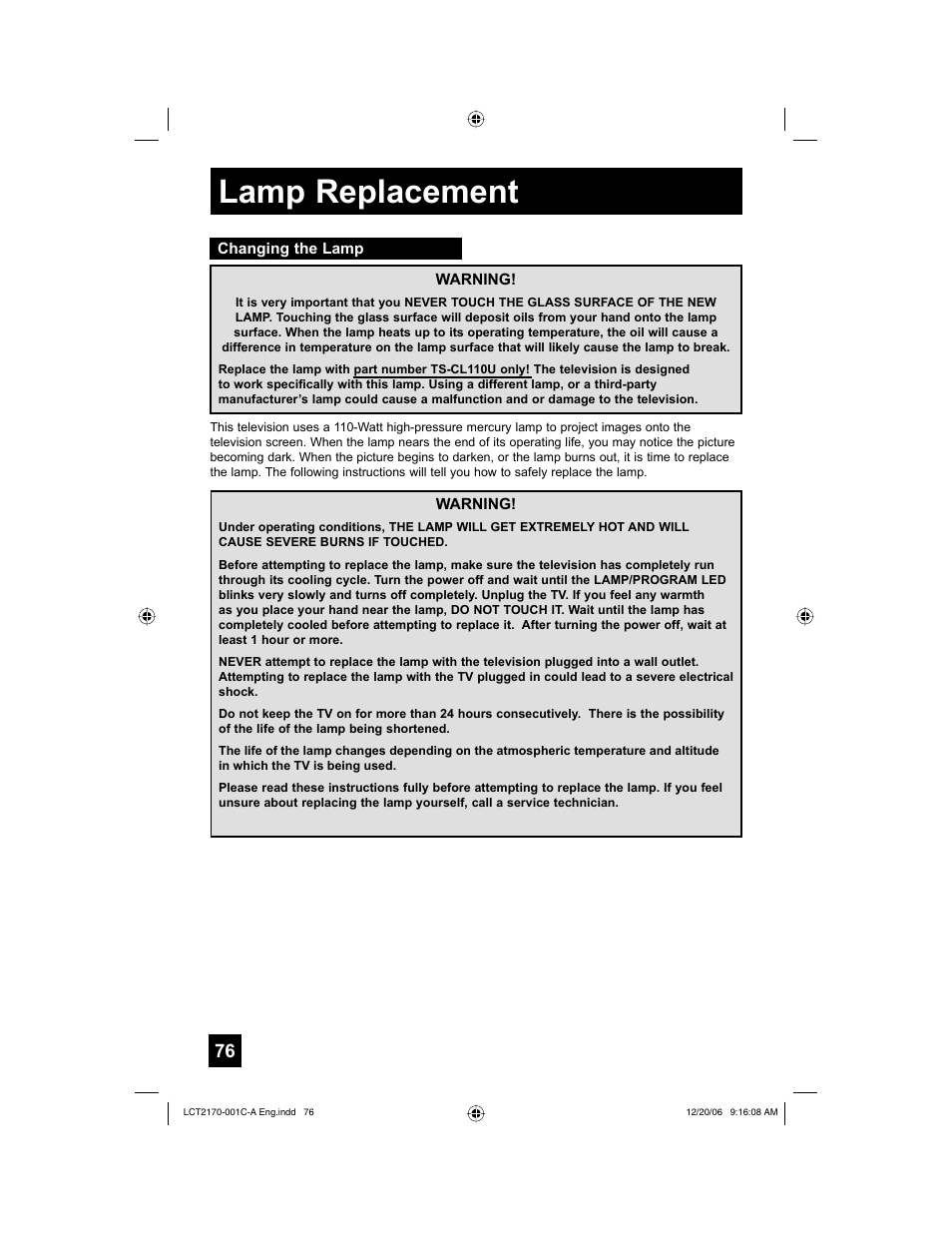 Lamp replacement, Changing the lamp | JVC HD-61FB97 User Manual | Page 76 / 88