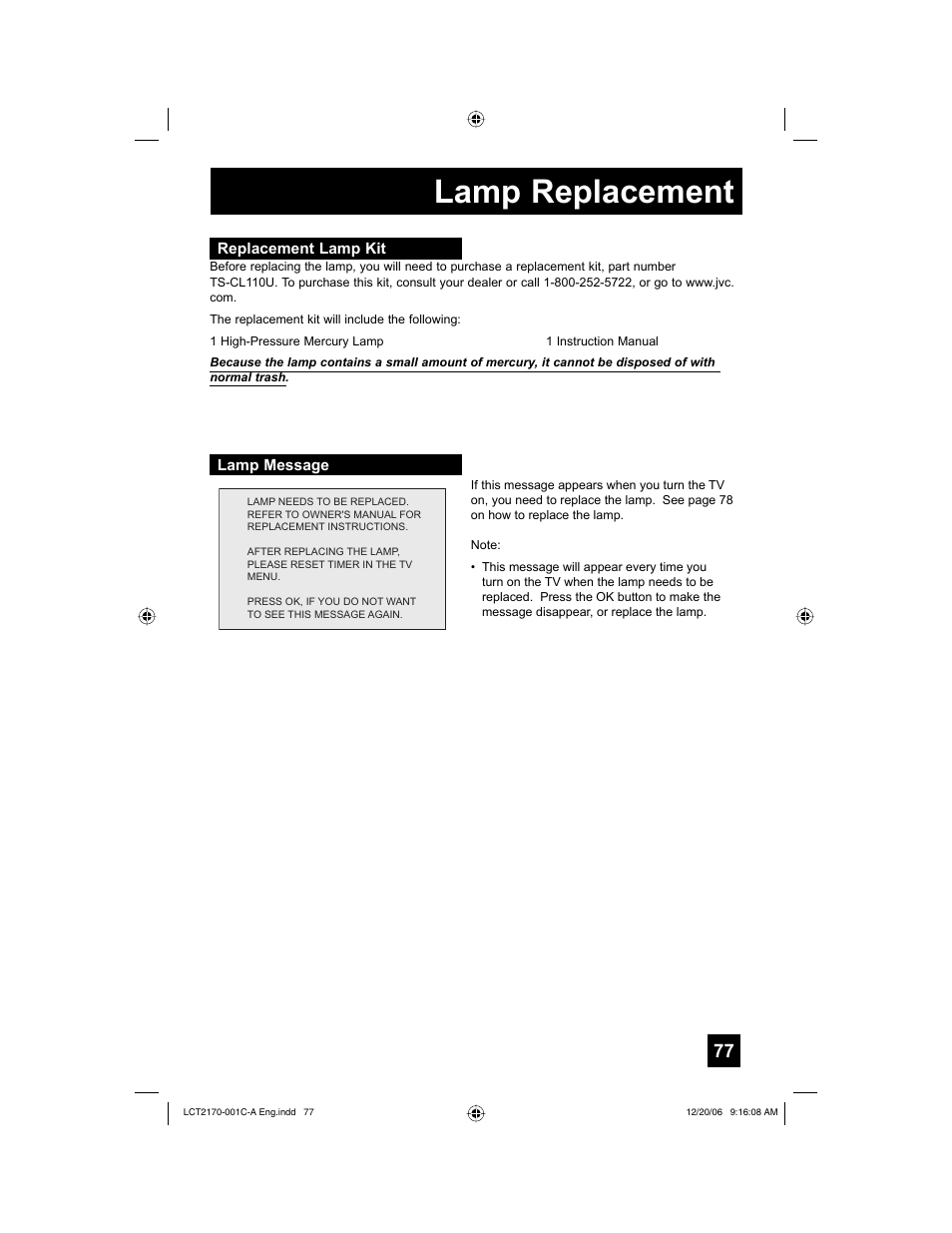 Replacement lamp kit, Lamp message, Lamp replacement | JVC HD-61FB97 User Manual | Page 77 / 88