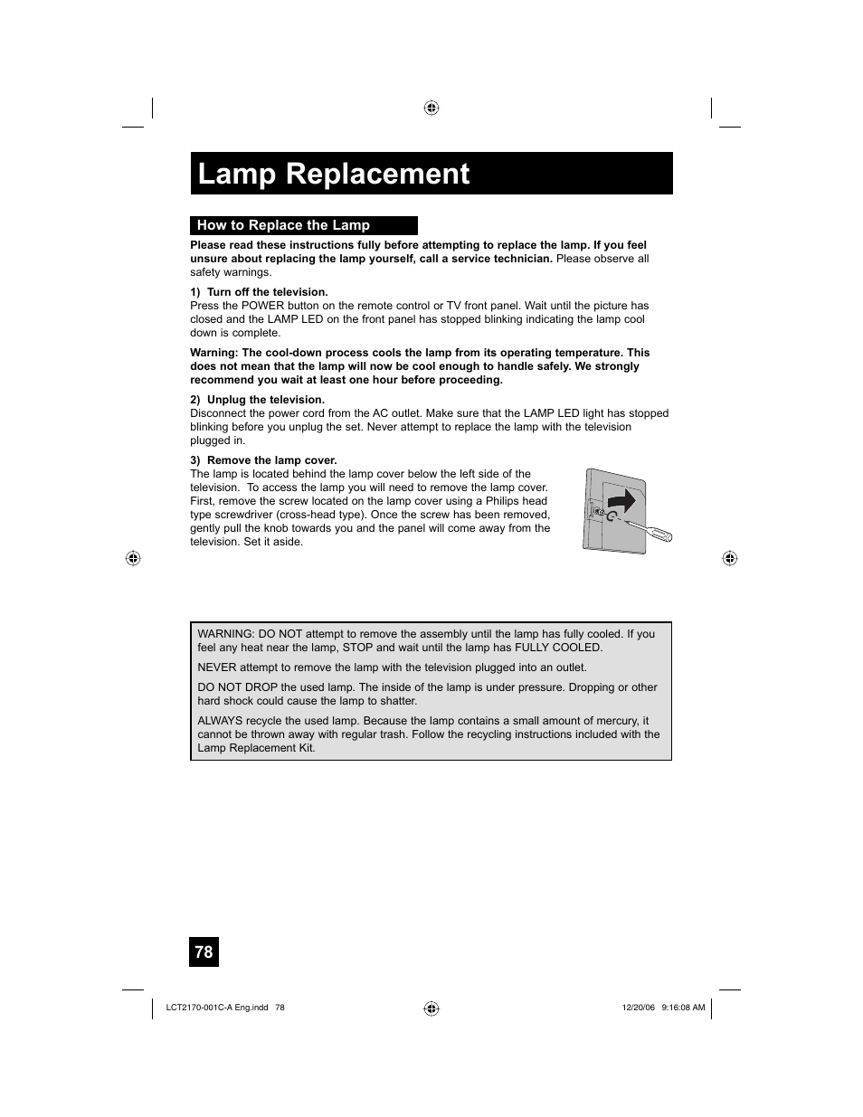 How to replace the lamp, Lamp replacement | JVC HD-61FB97 User Manual | Page 78 / 88