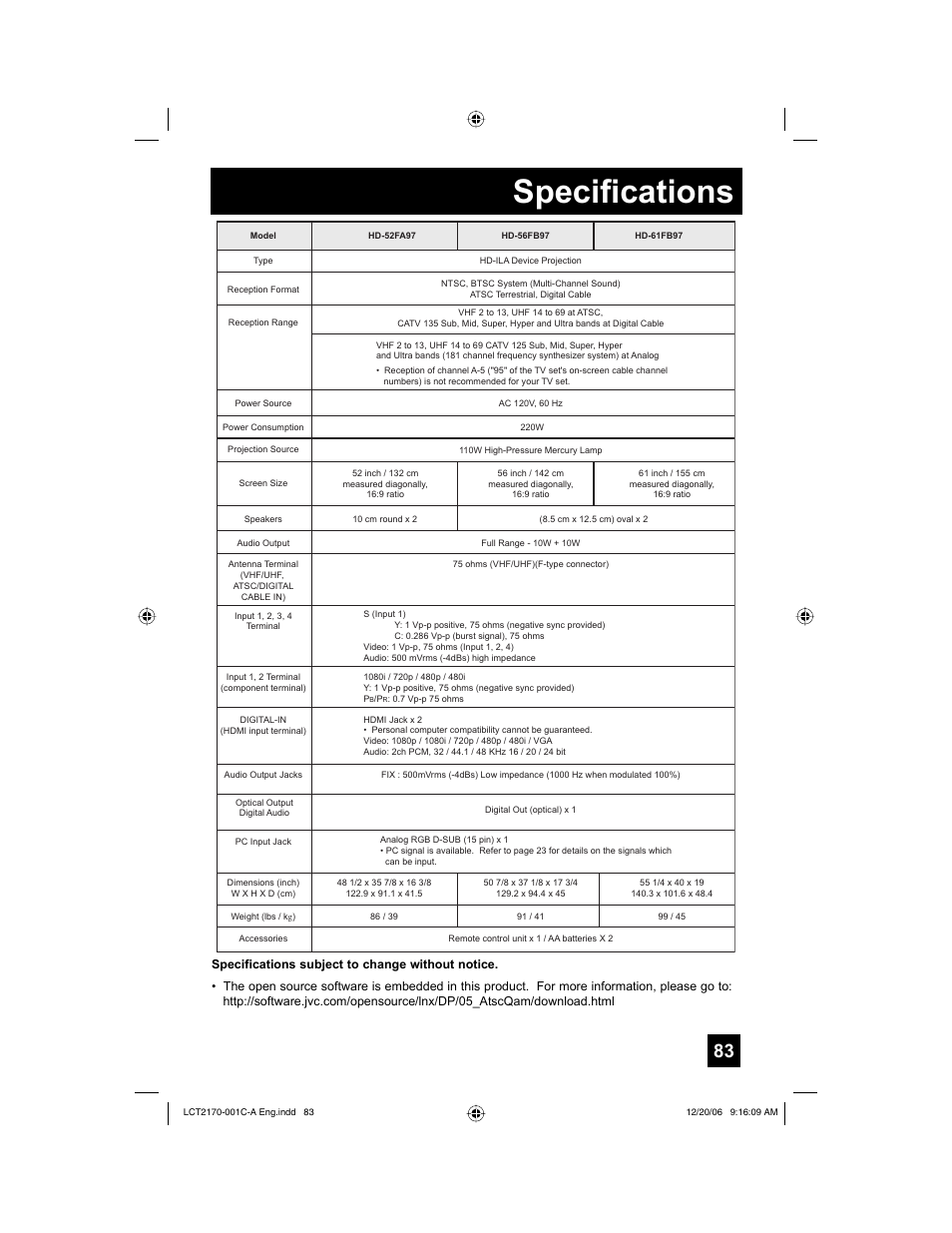 Specifications | JVC HD-61FB97 User Manual | Page 83 / 88