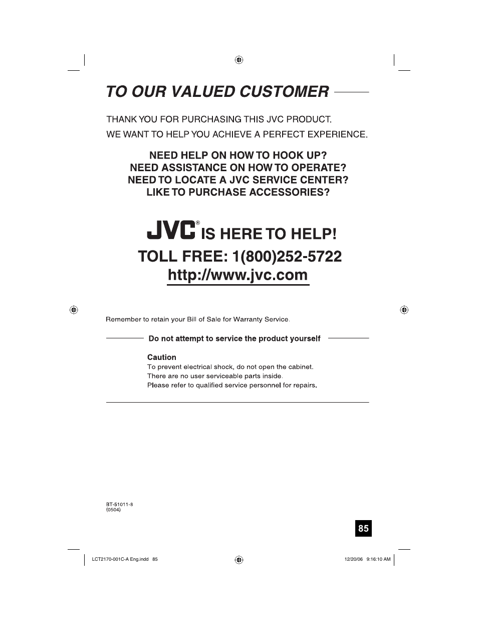 To our valued customer | JVC HD-61FB97 User Manual | Page 85 / 88