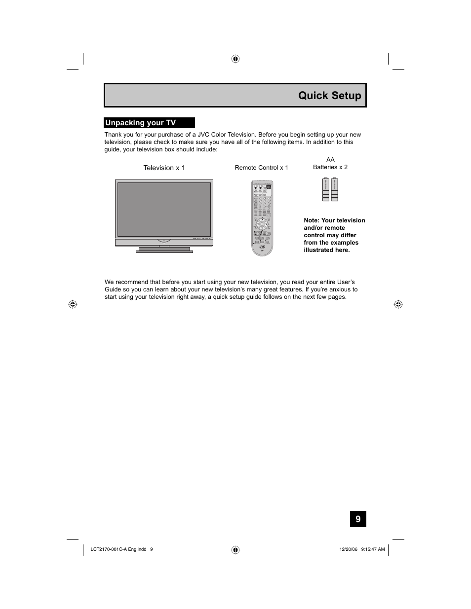 Quick setup, Unpacking your tv | JVC HD-61FB97 User Manual | Page 9 / 88