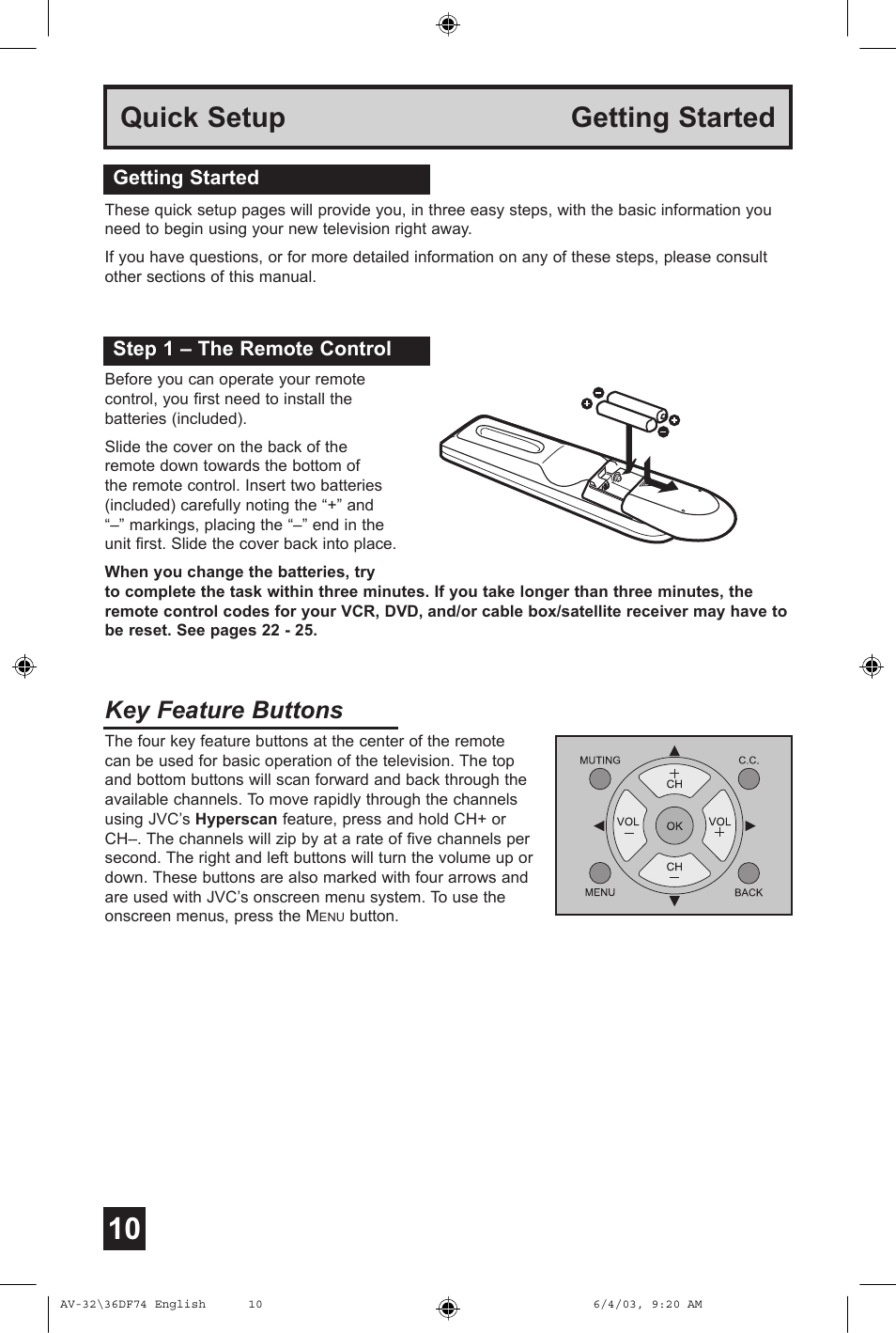 Quick setup getting started, Key feature buttons | JVC AV 32DF74 User Manual | Page 10 / 60