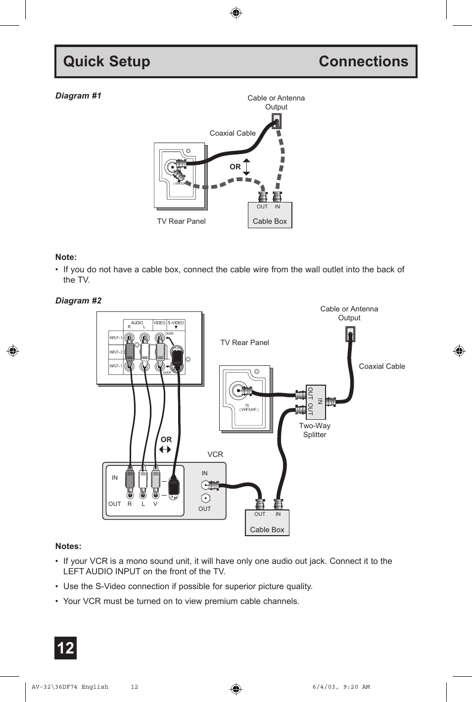 Quick setup connections, Diagram #1 | JVC AV 32DF74 User Manual | Page 12 / 60
